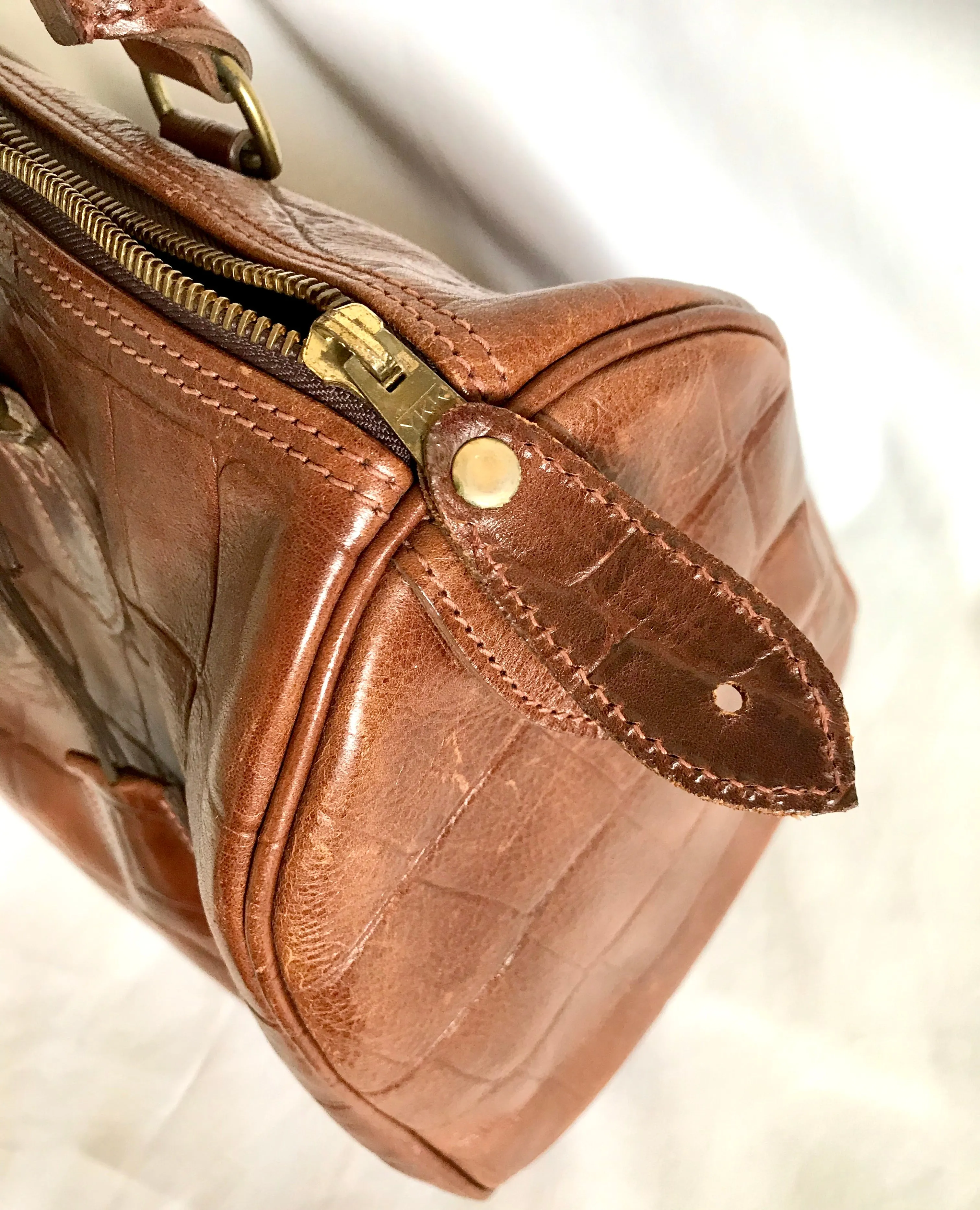 Vintage Mulberry brown croc embossed leather speedy bag style handbag. Classic unisex purse by Roger Saul. Must have bag.
