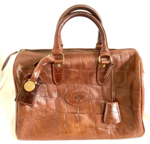 Vintage Mulberry brown croc embossed leather speedy bag style handbag. Classic unisex purse by Roger Saul. Must have bag.