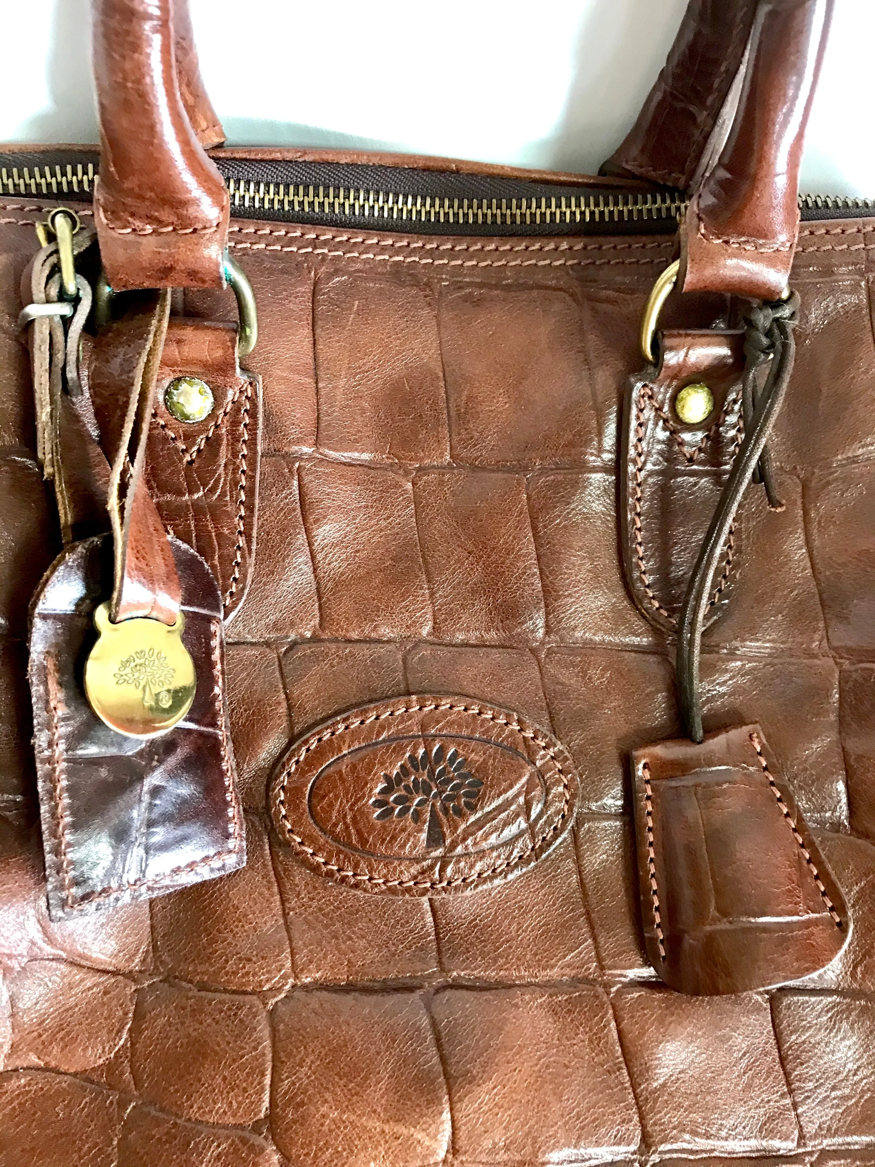 Vintage Mulberry brown croc embossed leather speedy bag style handbag. Classic unisex purse by Roger Saul. Must have bag.