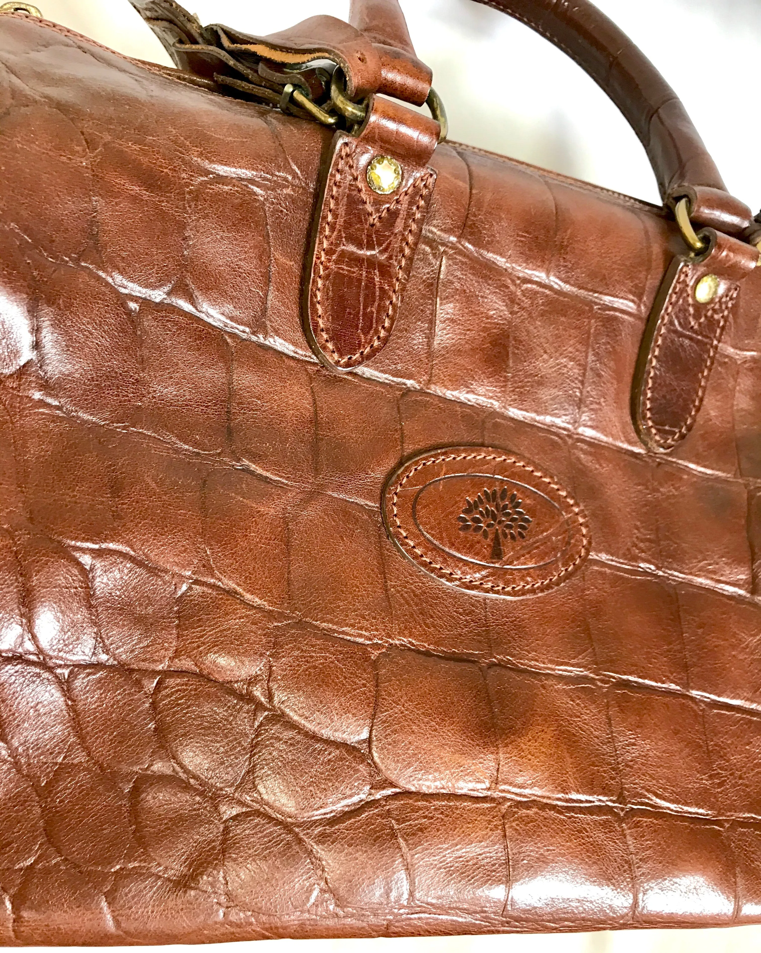 Vintage Mulberry brown croc embossed leather speedy bag style handbag. Classic unisex purse by Roger Saul. Must have bag.