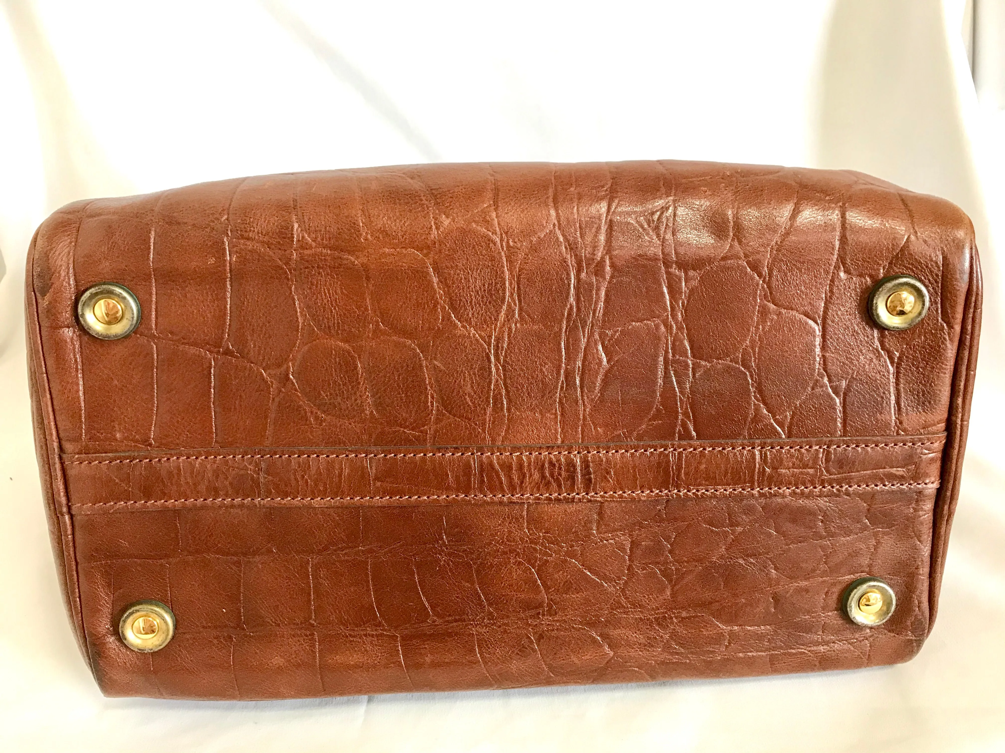 Vintage Mulberry brown croc embossed leather speedy bag style handbag. Classic unisex purse by Roger Saul. Must have bag.