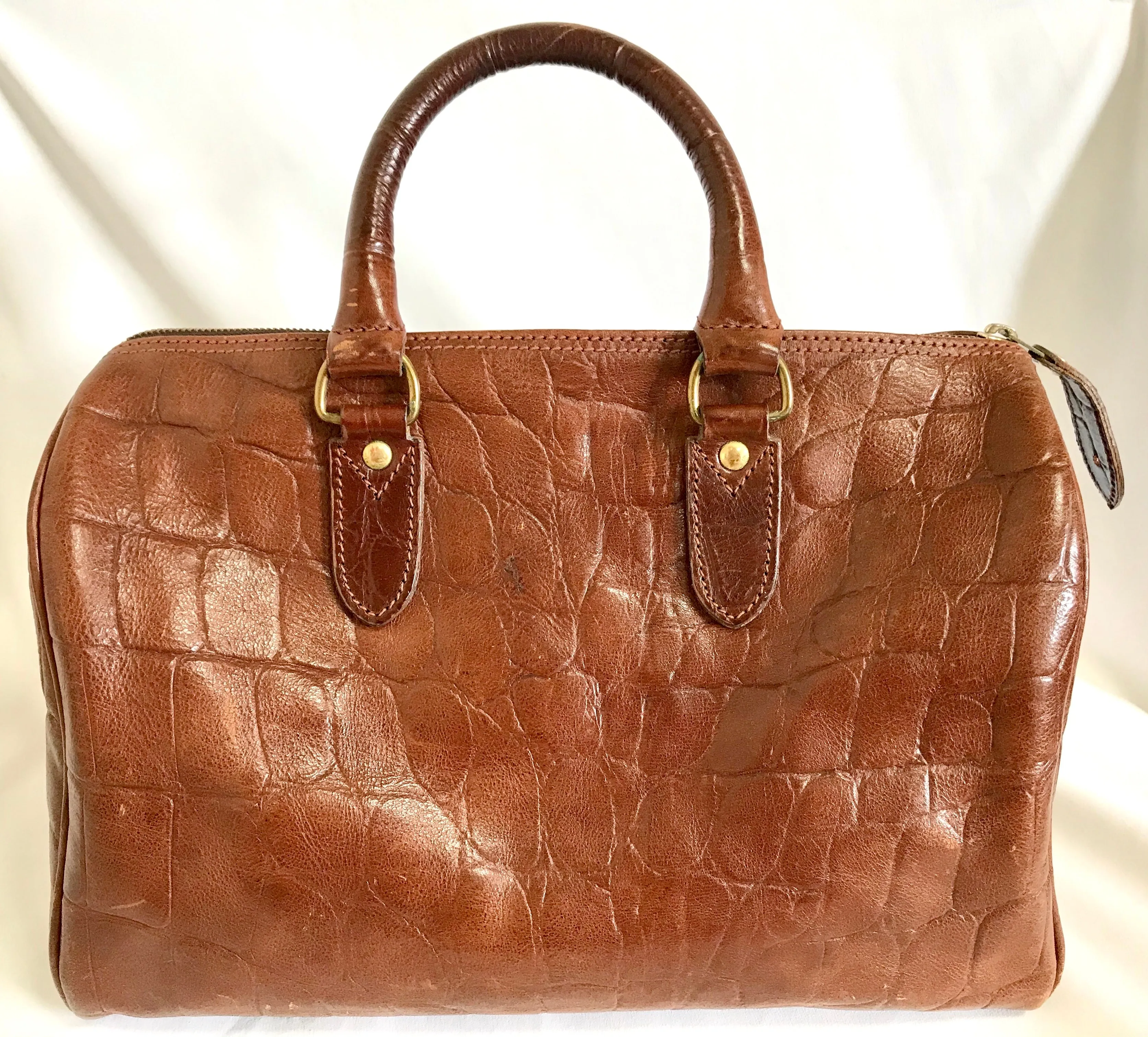Vintage Mulberry brown croc embossed leather speedy bag style handbag. Classic unisex purse by Roger Saul. Must have bag.