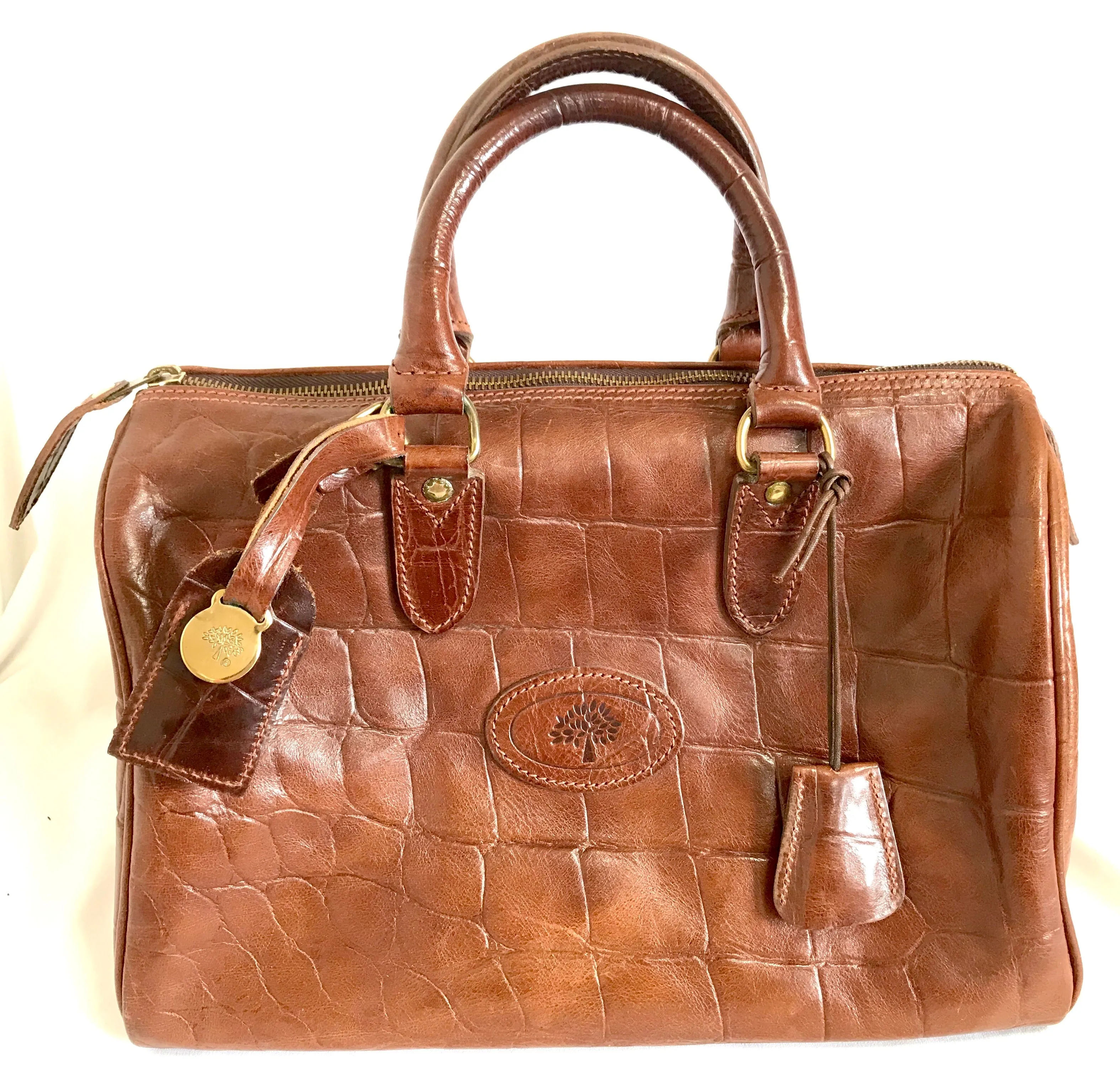 Vintage Mulberry brown croc embossed leather speedy bag style handbag. Classic unisex purse by Roger Saul. Must have bag.