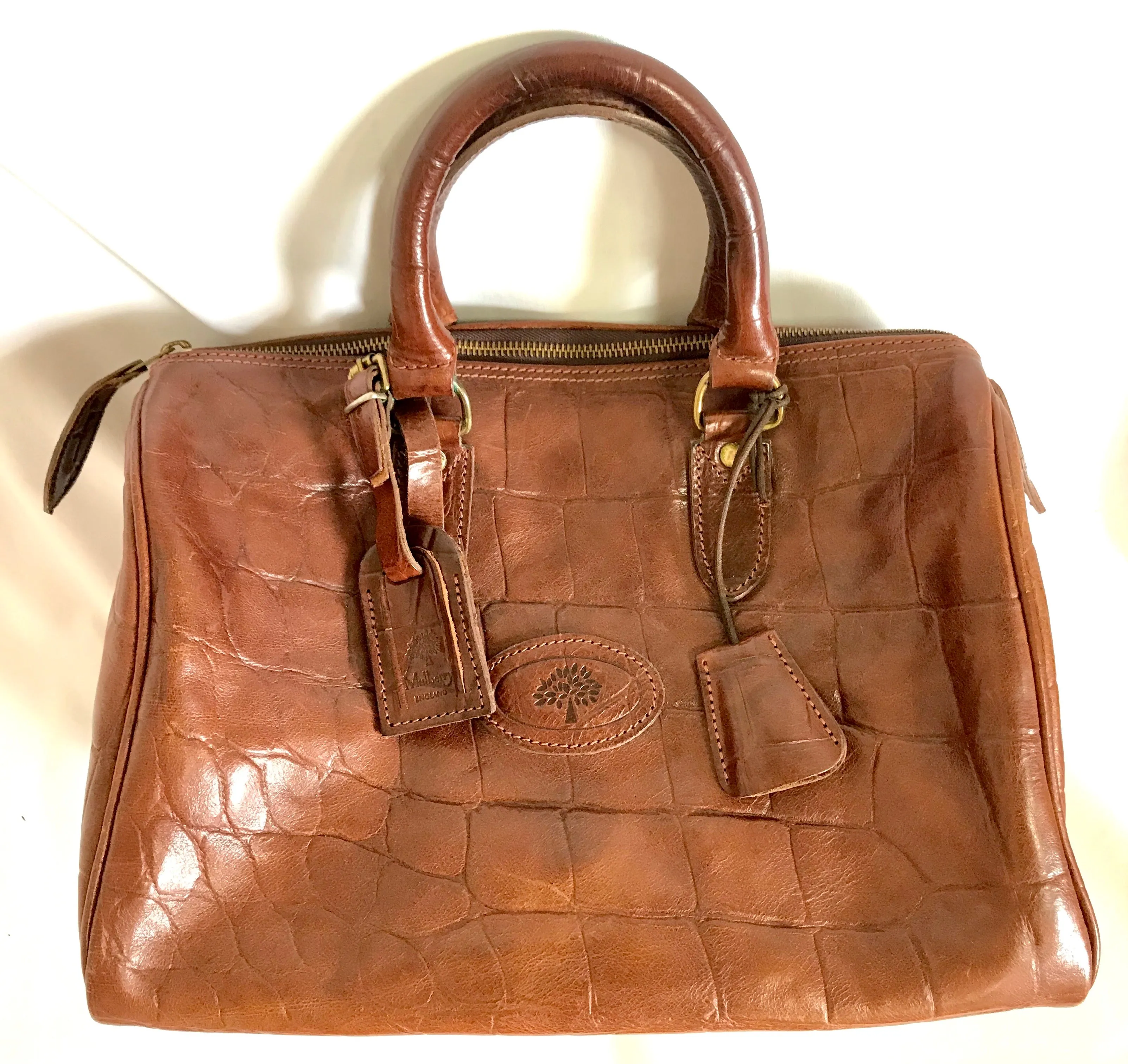 Vintage Mulberry brown croc embossed leather speedy bag style handbag. Classic unisex purse by Roger Saul. Must have bag.