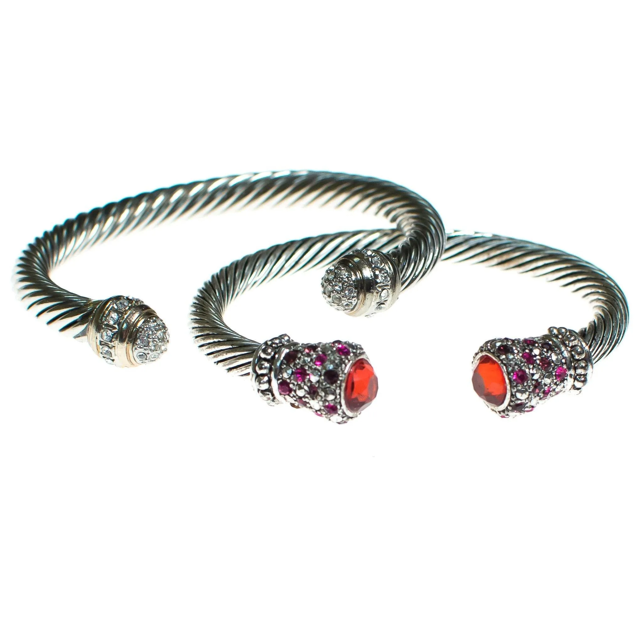 Vintage Silver Cable Cuff Bracelet with Orange Crystal Caps and Pink and Diamante Pave Rhinestone Accents