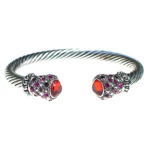 Vintage Silver Cable Cuff Bracelet with Orange Crystal Caps and Pink and Diamante Pave Rhinestone Accents