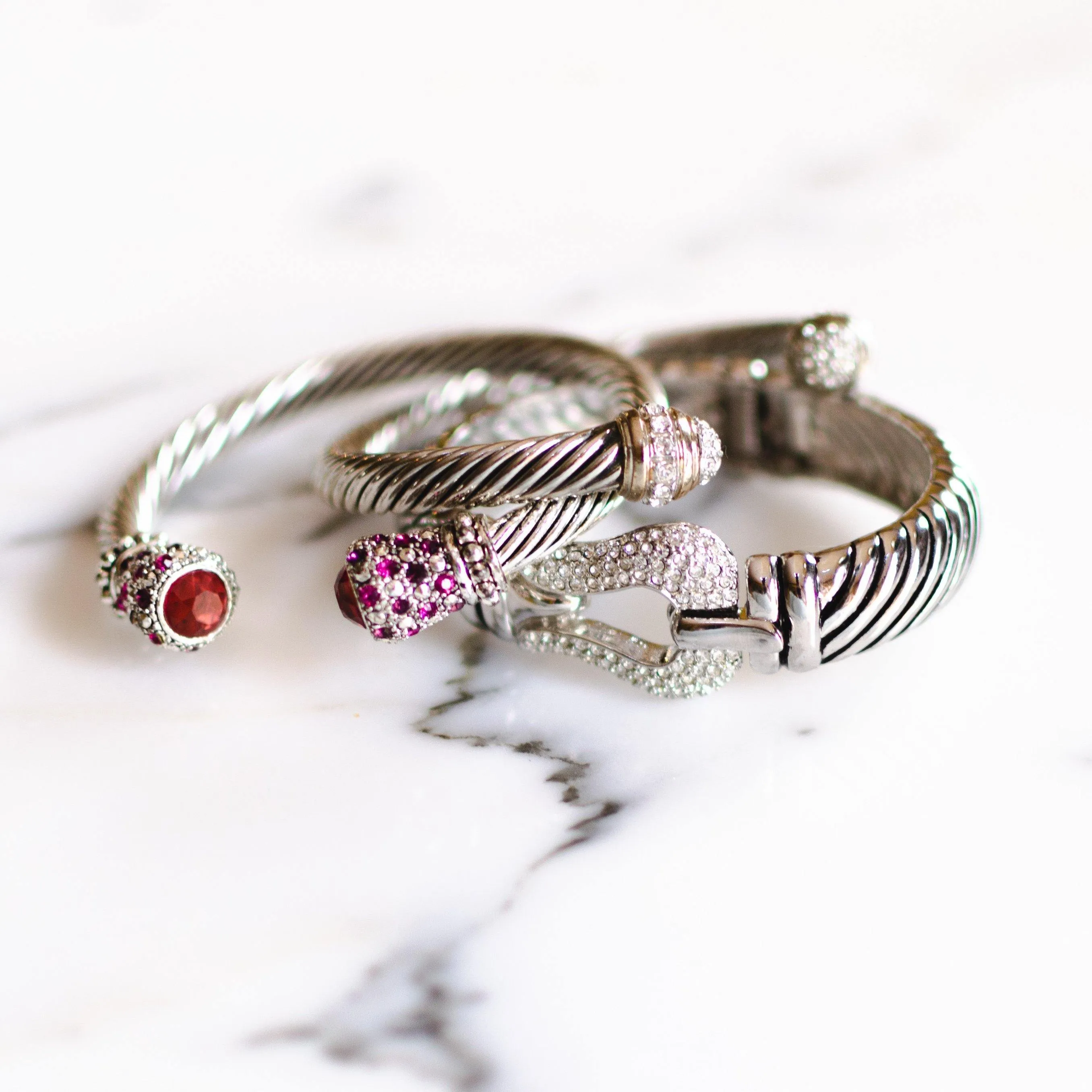 Vintage Silver Cable Cuff Bracelet with Orange Crystal Caps and Pink and Diamante Pave Rhinestone Accents