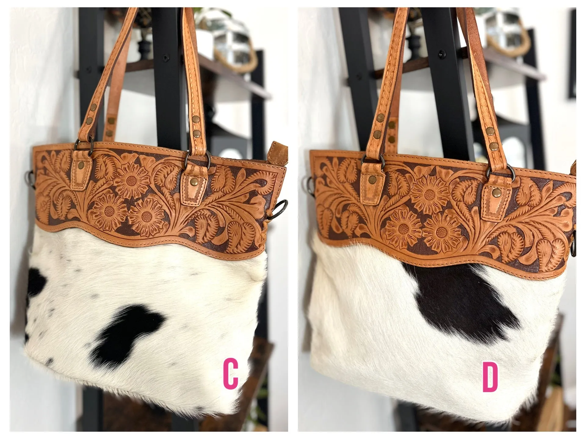 Western Leather Tooled and Cowhide Tote