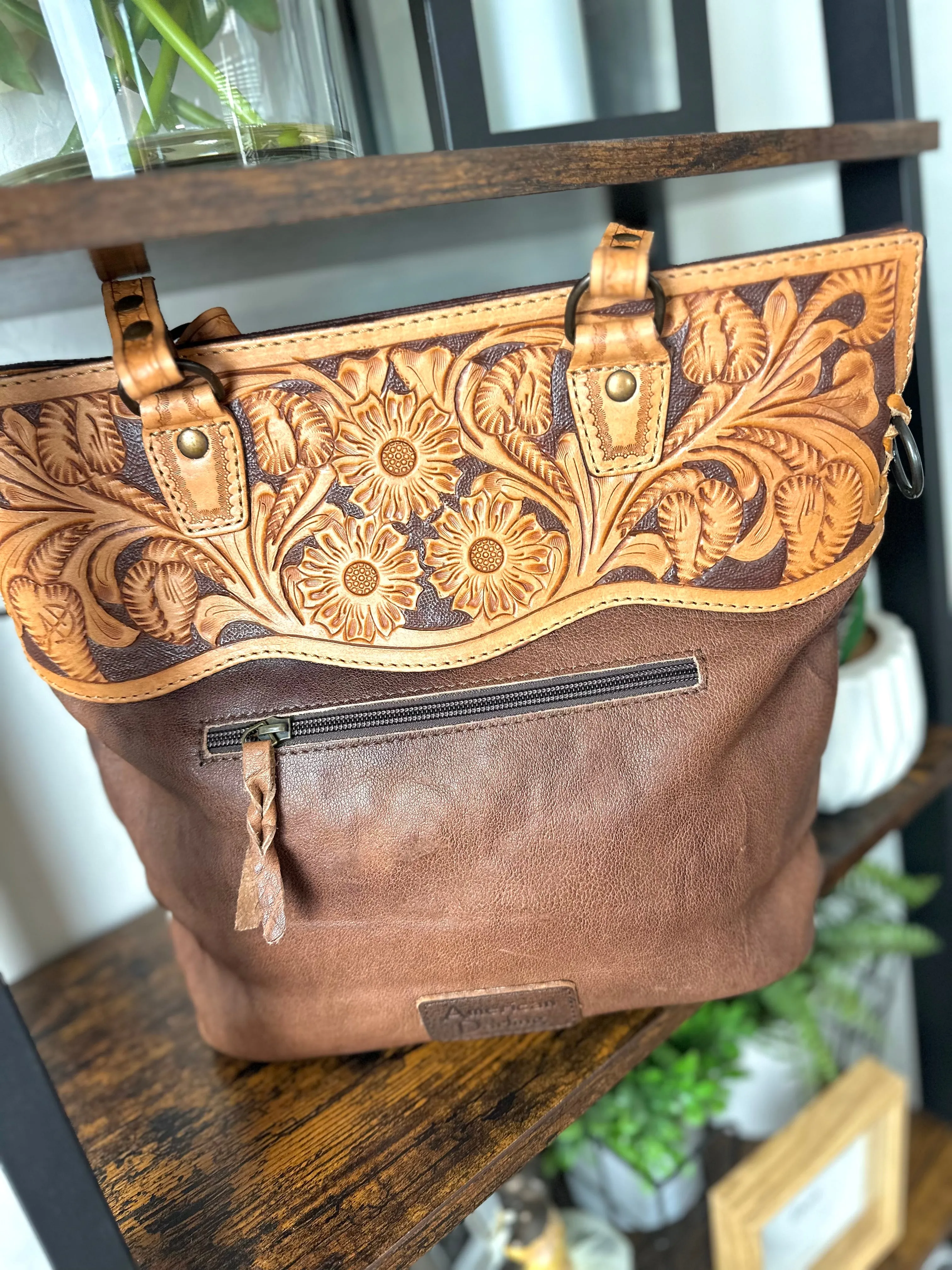 Western Leather Tooled and Cowhide Tote