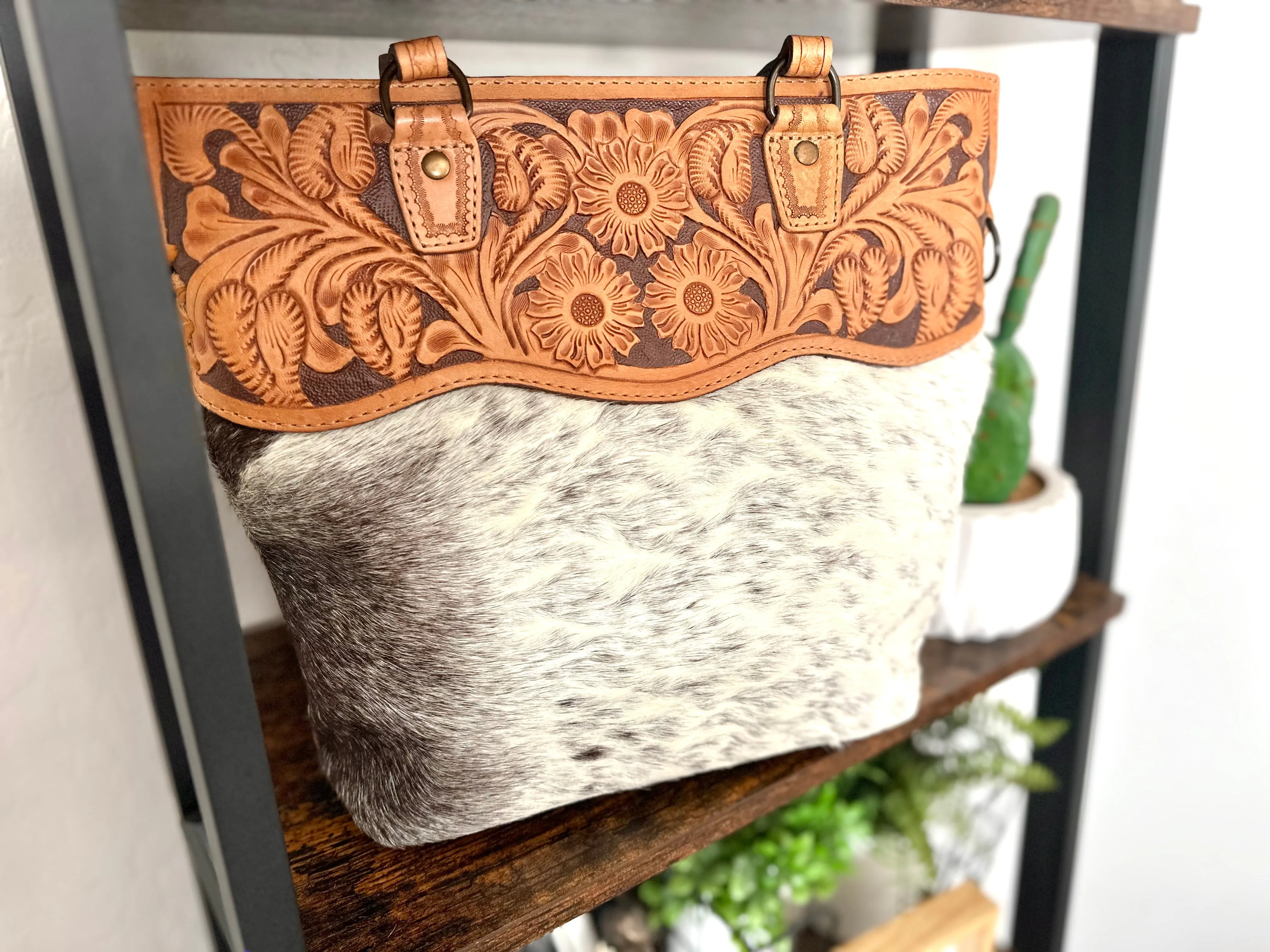Western Leather Tooled and Cowhide Tote