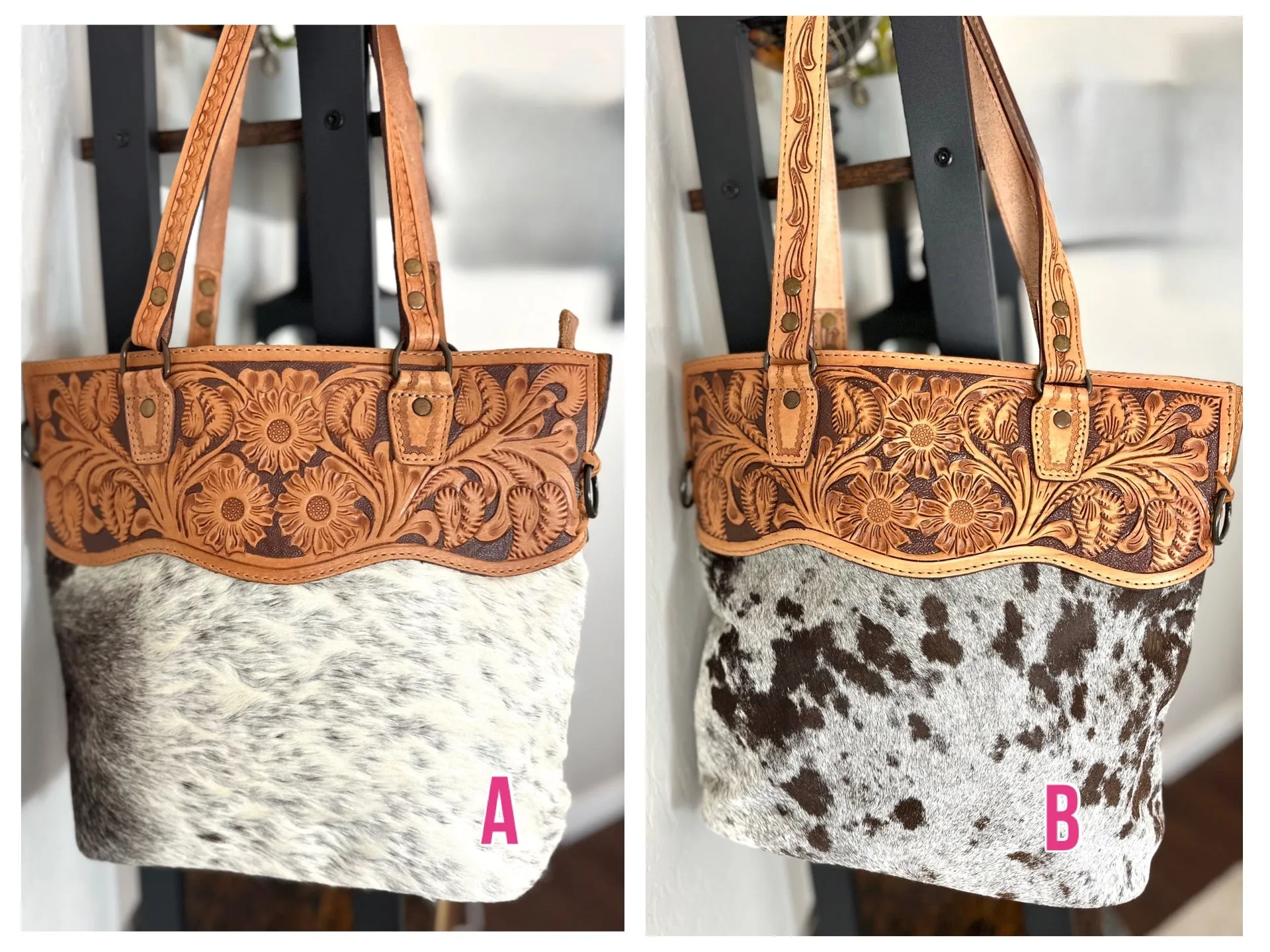 Western Leather Tooled and Cowhide Tote