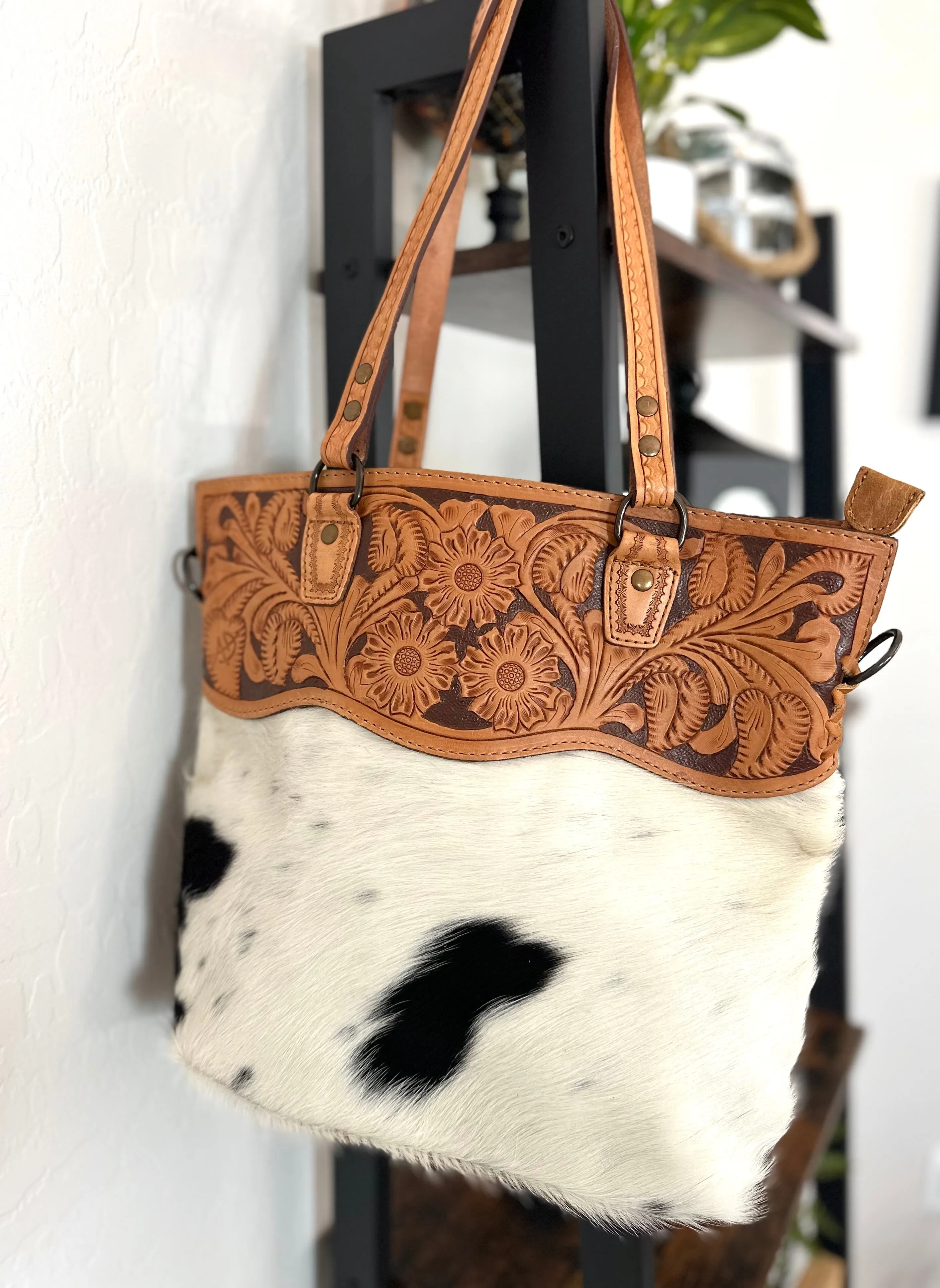 Western Leather Tooled and Cowhide Tote