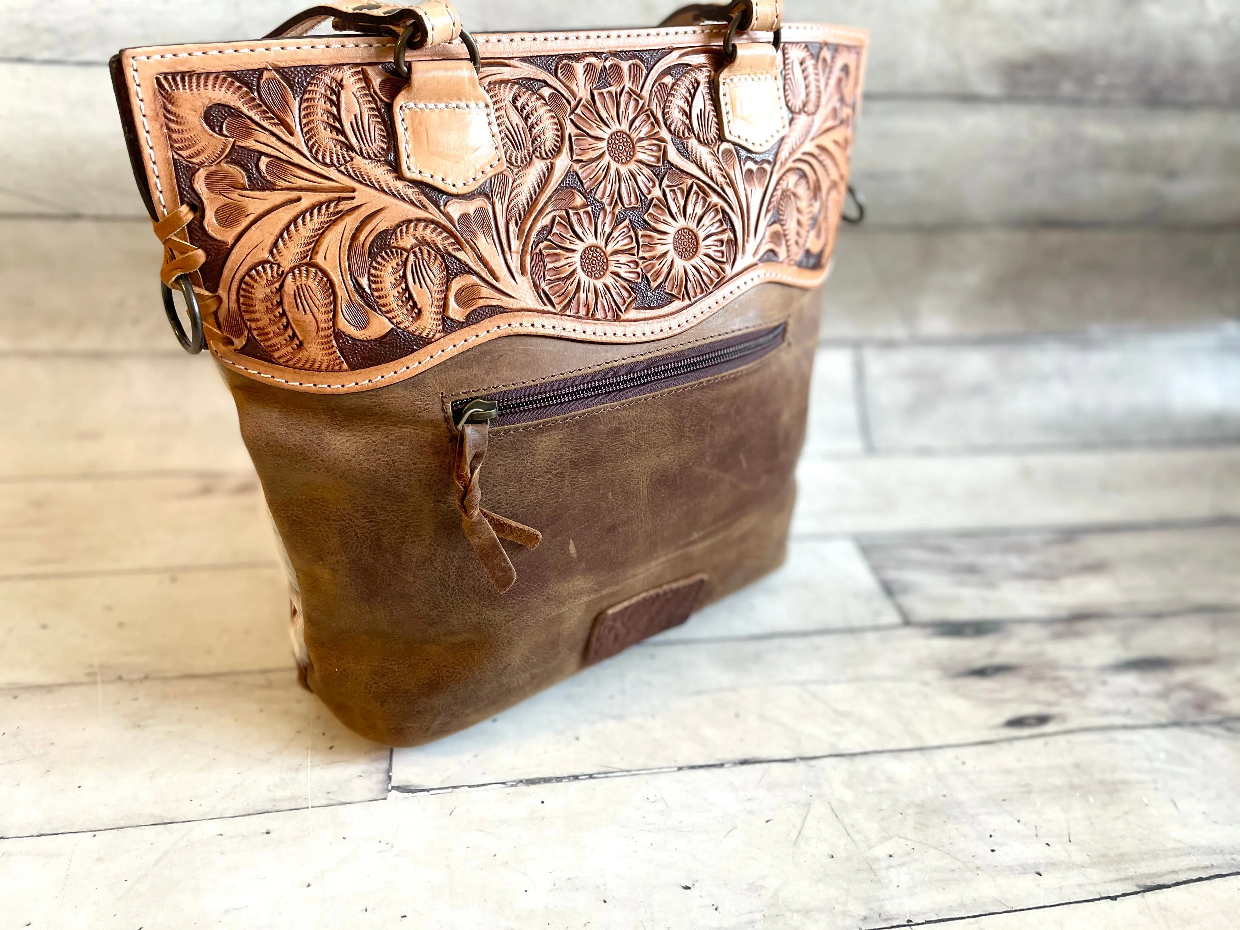 Western Leather Tooled and Cowhide Tote