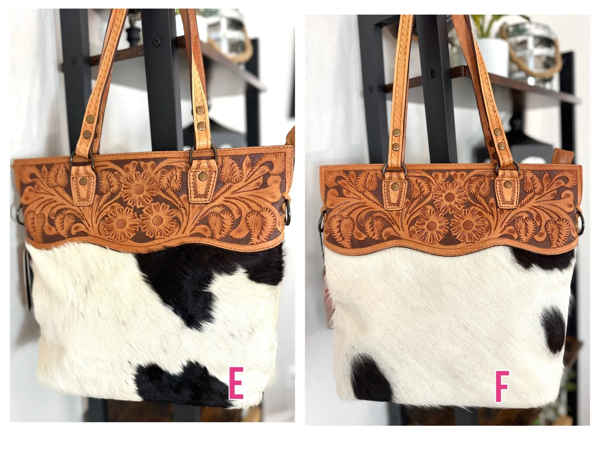 Western Leather Tooled and Cowhide Tote