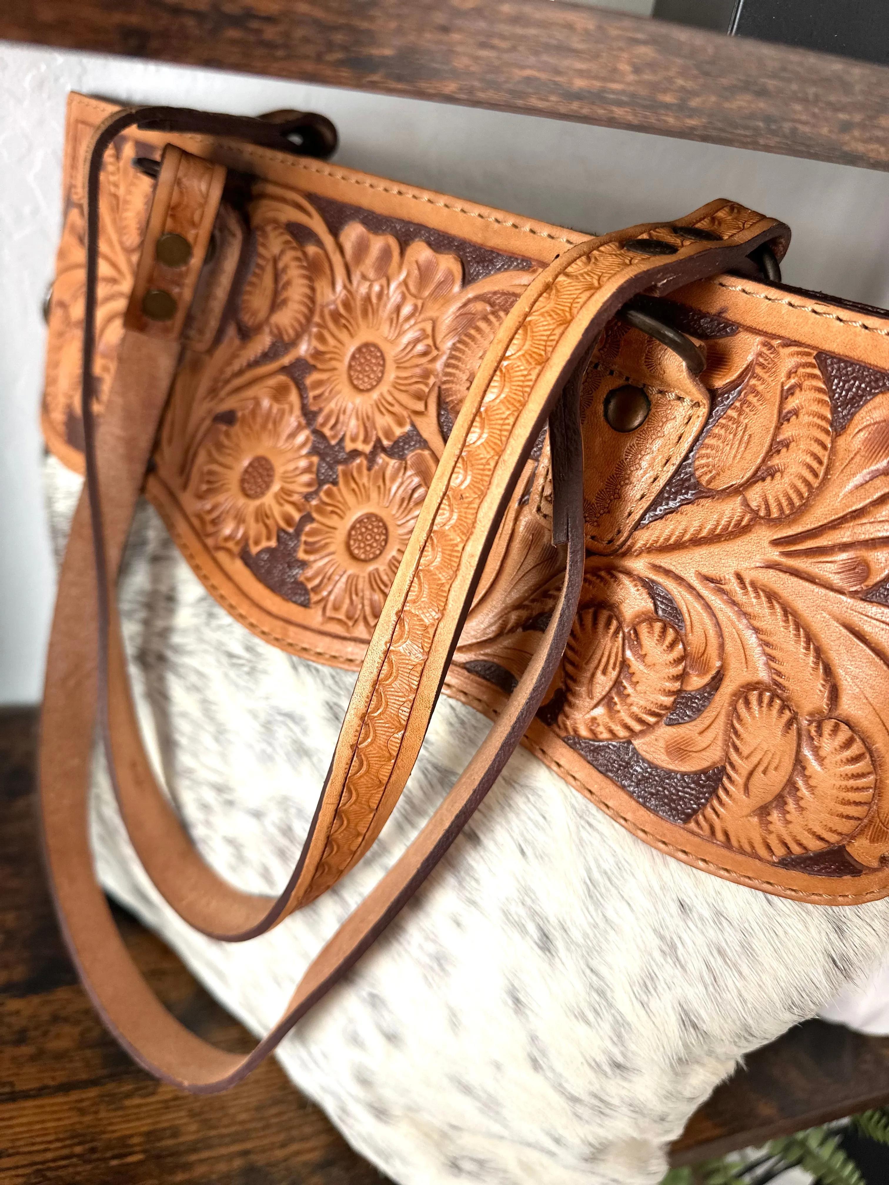 Western Leather Tooled and Cowhide Tote