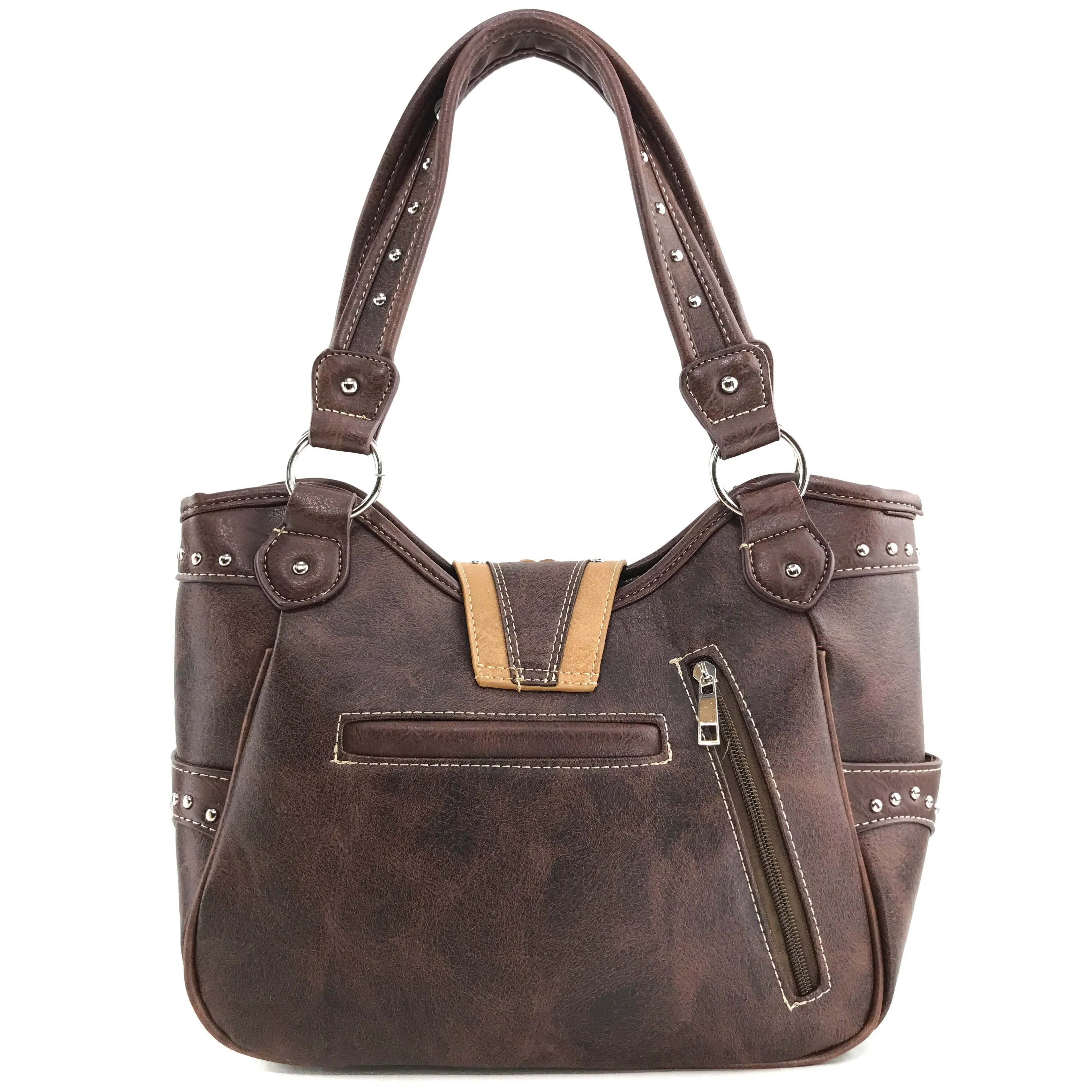 Western Peak Brown Gold Pink Silver Belt Buckle Floral Concealed Carry Handbag