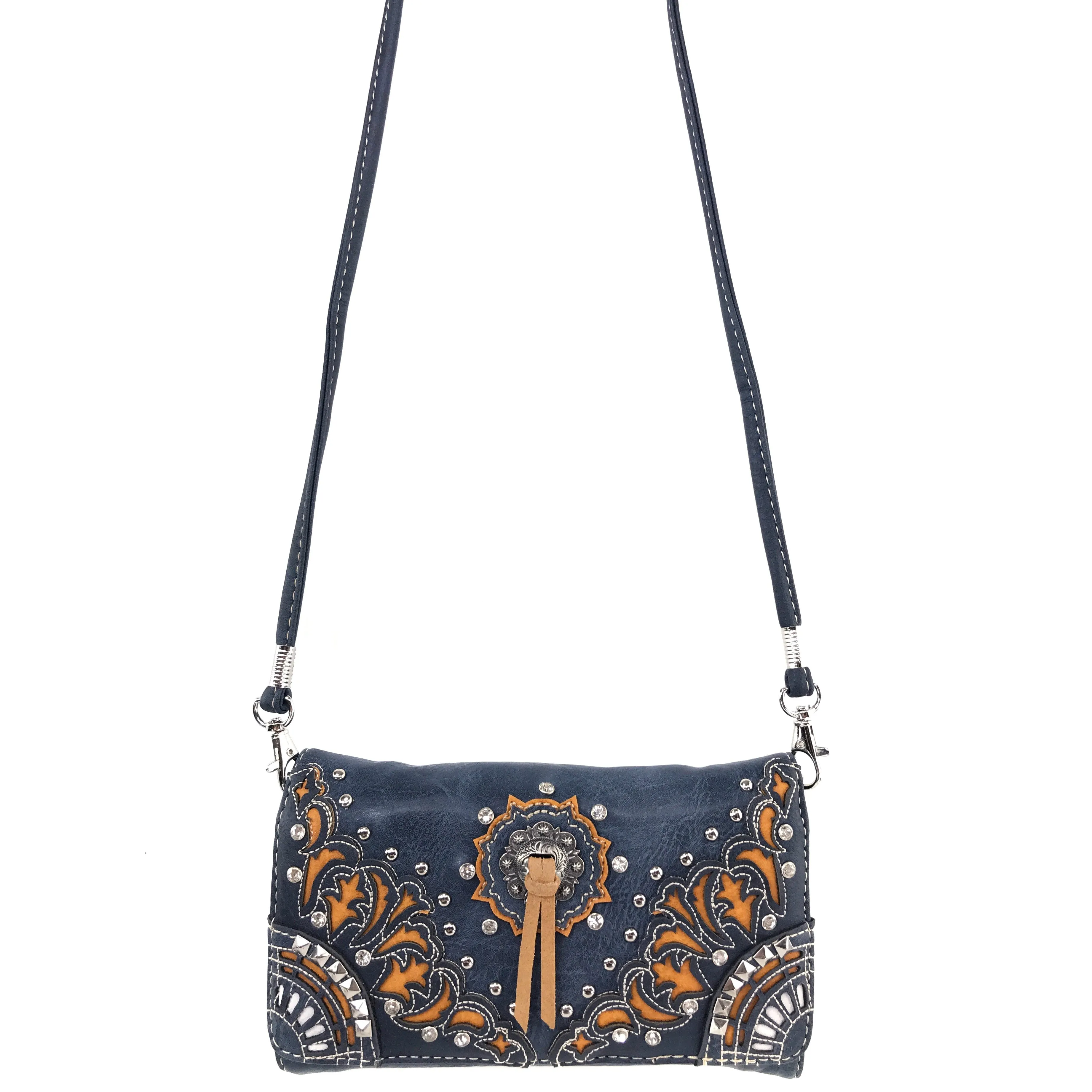 Western Peak Navy Mustard Concho Tassel Concealed Carry Trifold Wallet