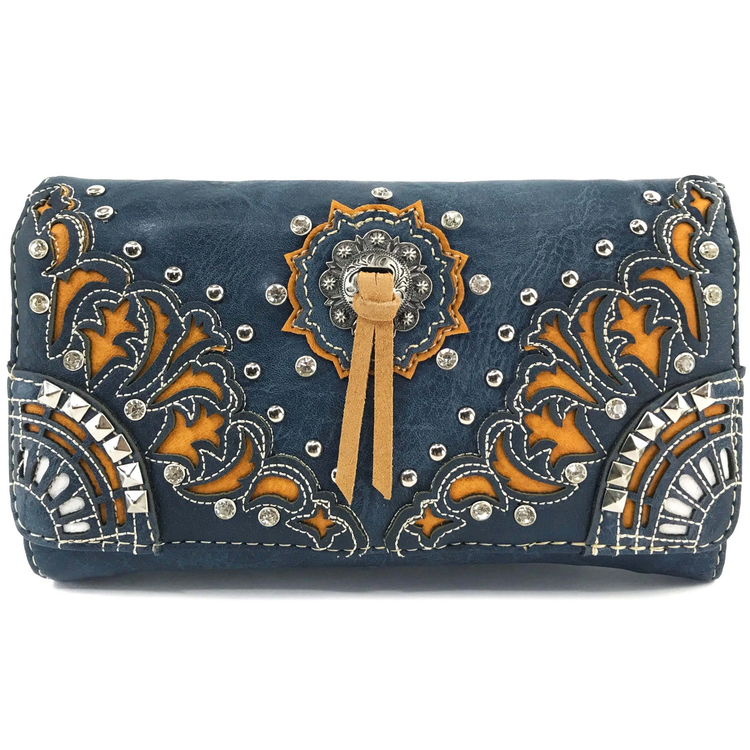 Western Peak Navy Mustard Concho Tassel Concealed Carry Trifold Wallet