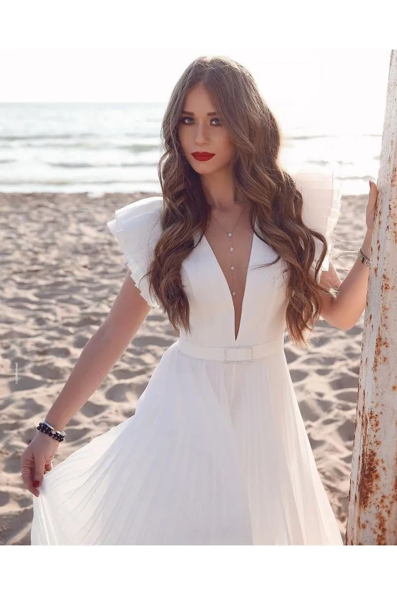 White Chiffon Ruffless Sleeves V neck Summer Beach Wedding Dress
