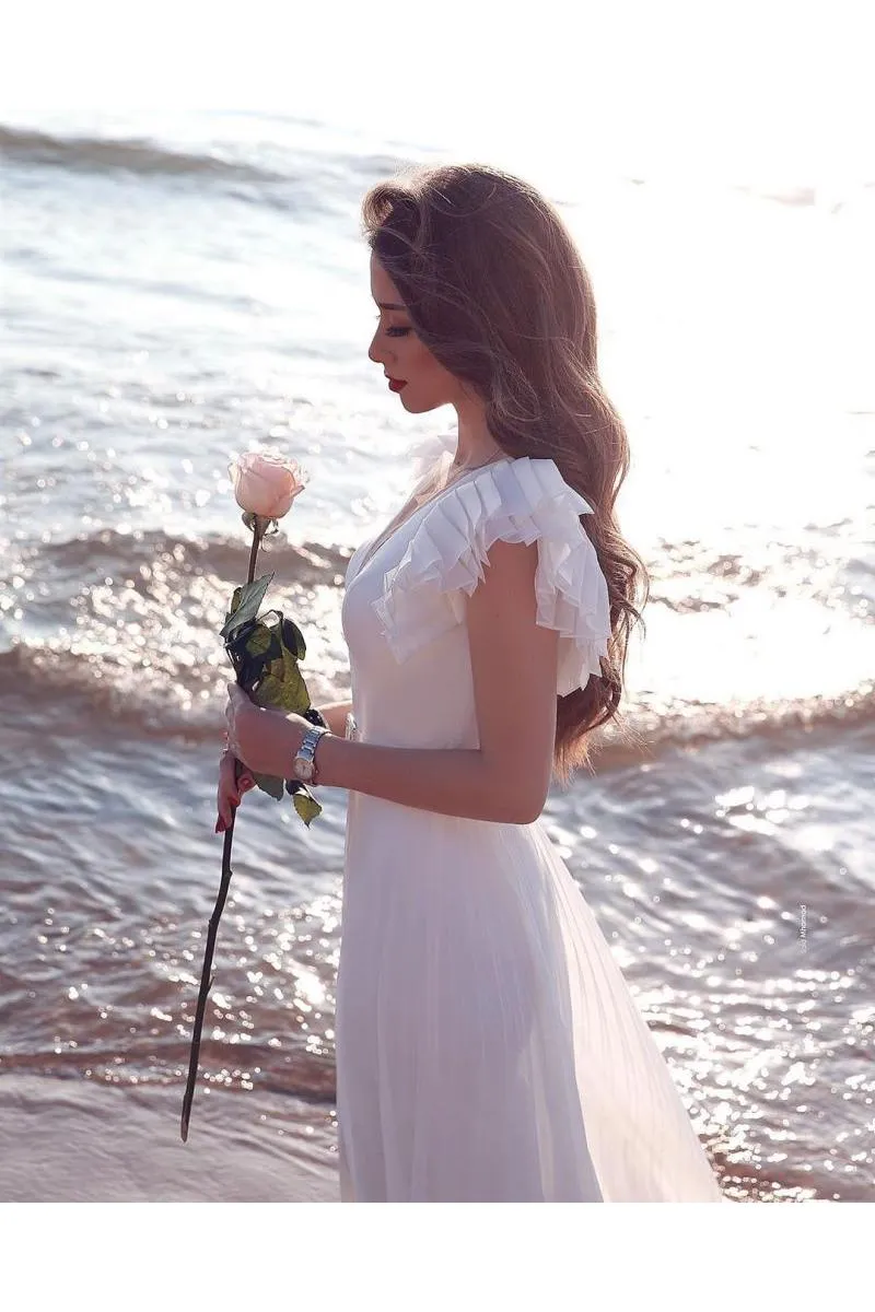 White Chiffon Ruffless Sleeves V neck Summer Beach Wedding Dress