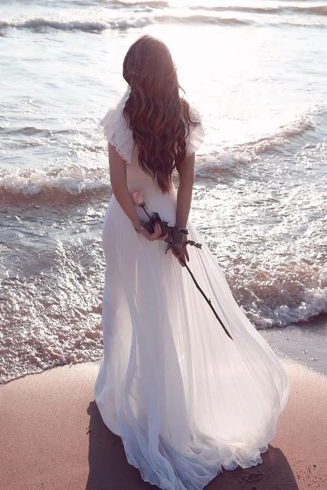 White Chiffon Ruffless Sleeves V neck Summer Beach Wedding Dress