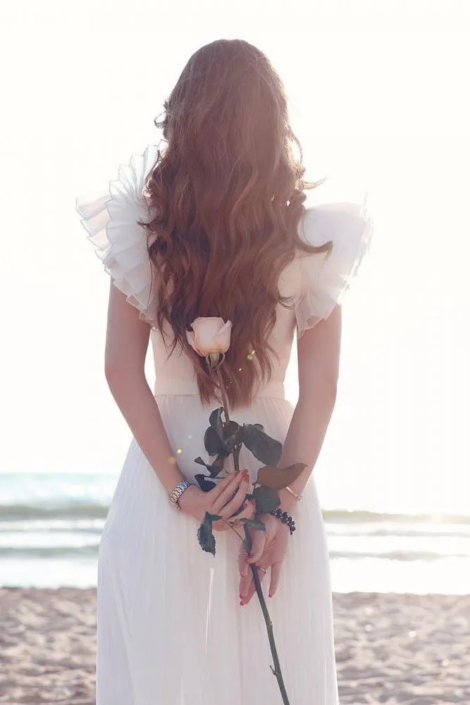 White Chiffon Ruffless Sleeves V neck Summer Beach Wedding Dress