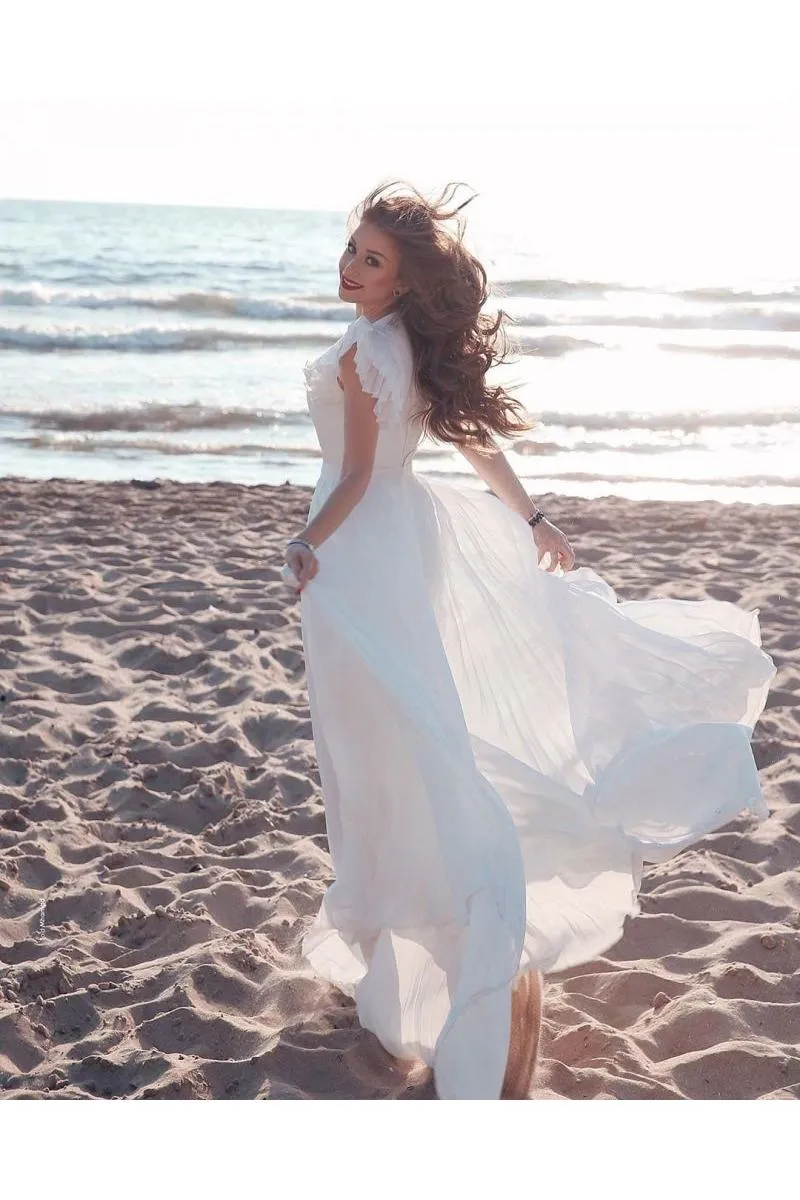 White Chiffon Ruffless Sleeves V neck Summer Beach Wedding Dress