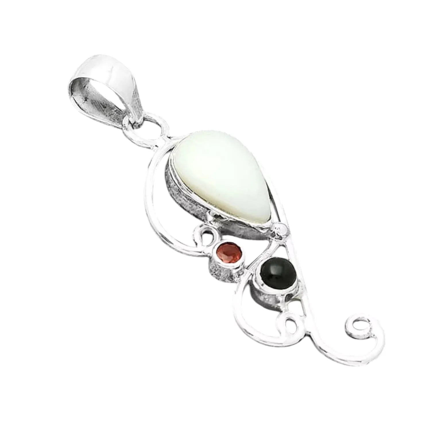 White Opal, Garnet & Onyx Solid 925 Sterling Silver Pendant