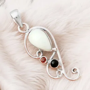 White Opal, Garnet & Onyx Solid 925 Sterling Silver Pendant