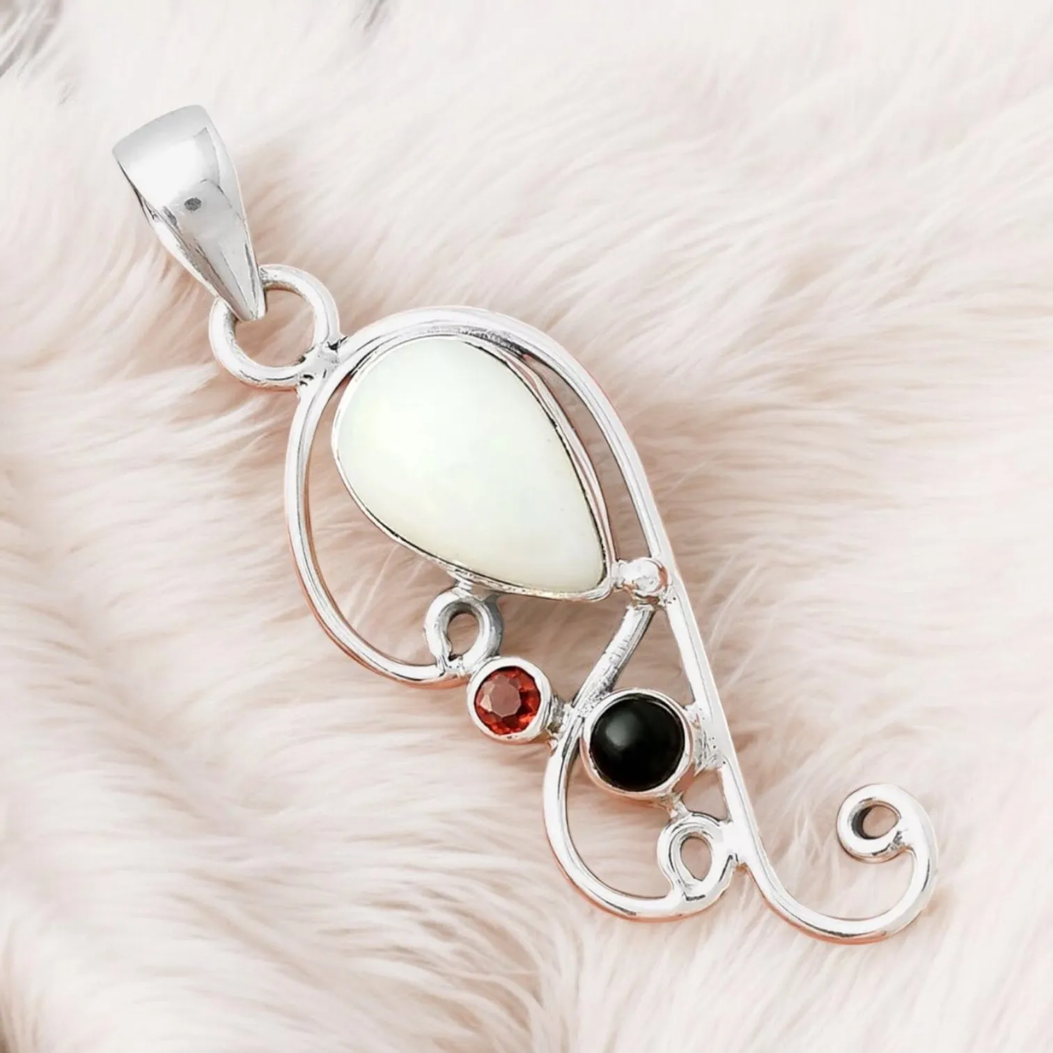 White Opal, Garnet & Onyx Solid 925 Sterling Silver Pendant