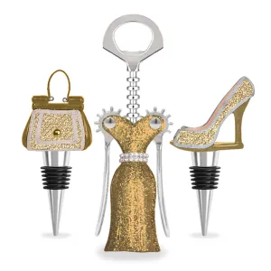 Wine Fashion Set of 3, Gold & Silver Glitter