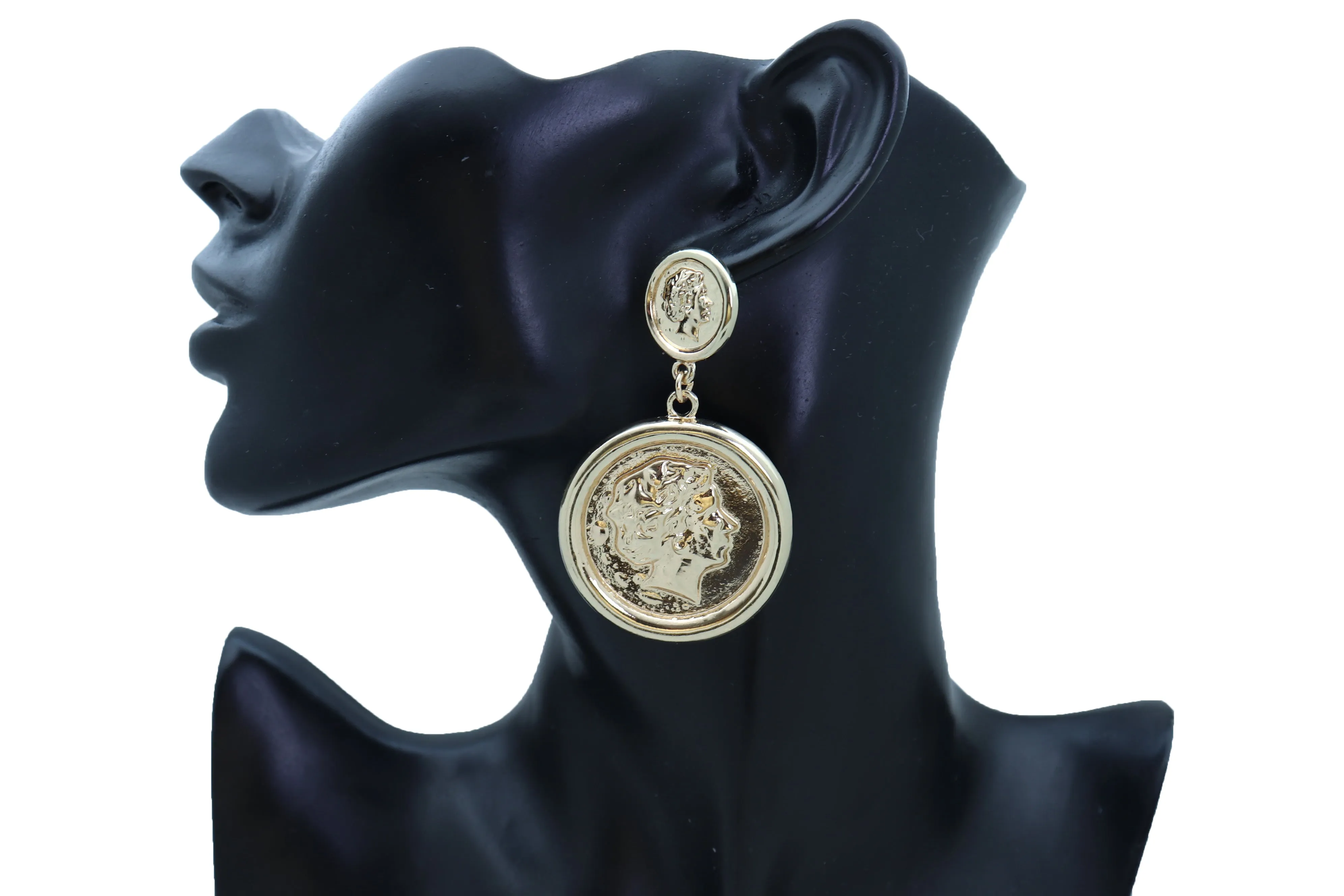 Women Earrings Set Trendy Gold Metal Big Coin Money Medallion Bling Style
