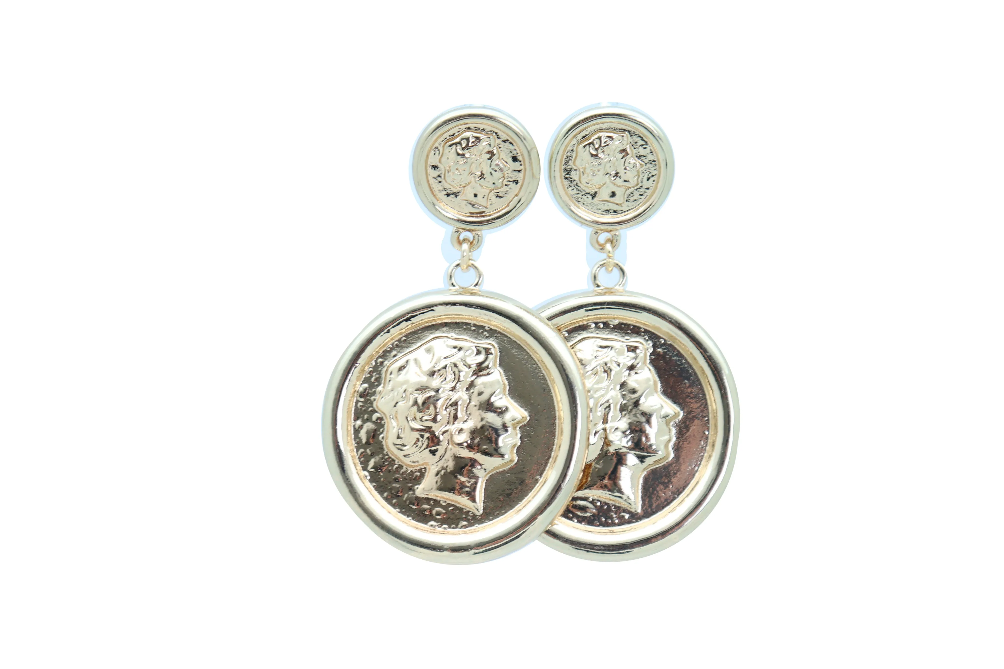 Women Earrings Set Trendy Gold Metal Big Coin Money Medallion Bling Style