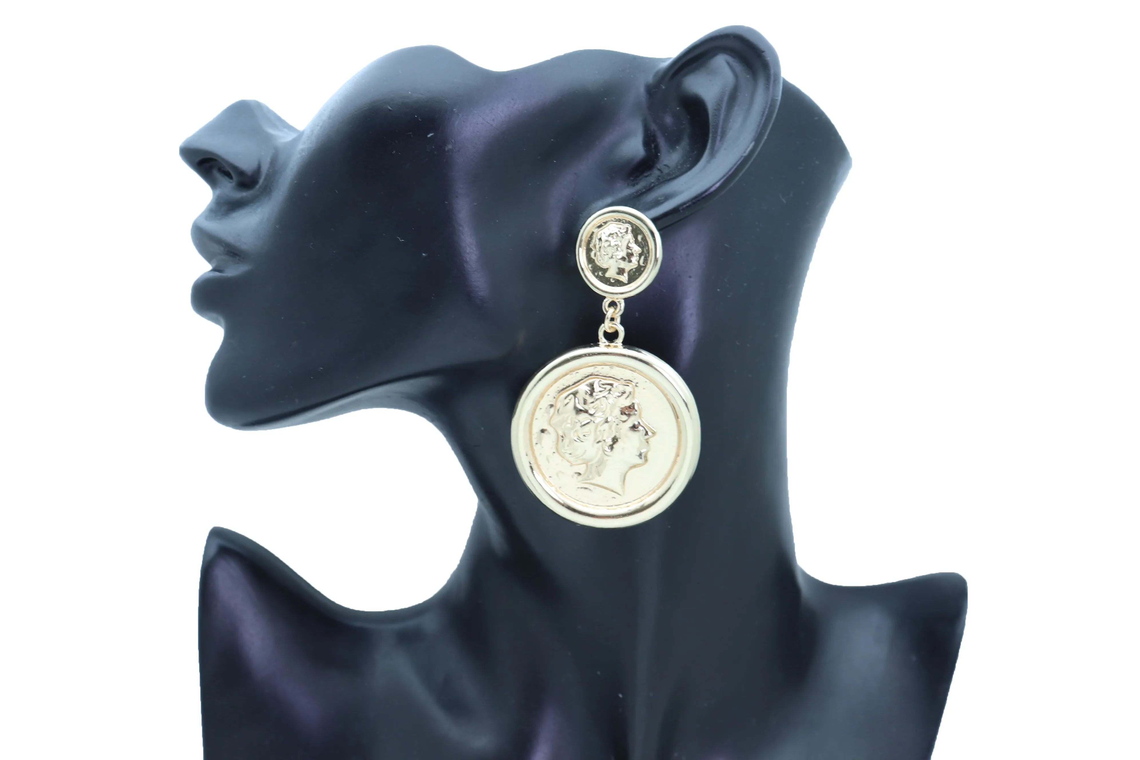 Women Earrings Set Trendy Gold Metal Big Coin Money Medallion Bling Style