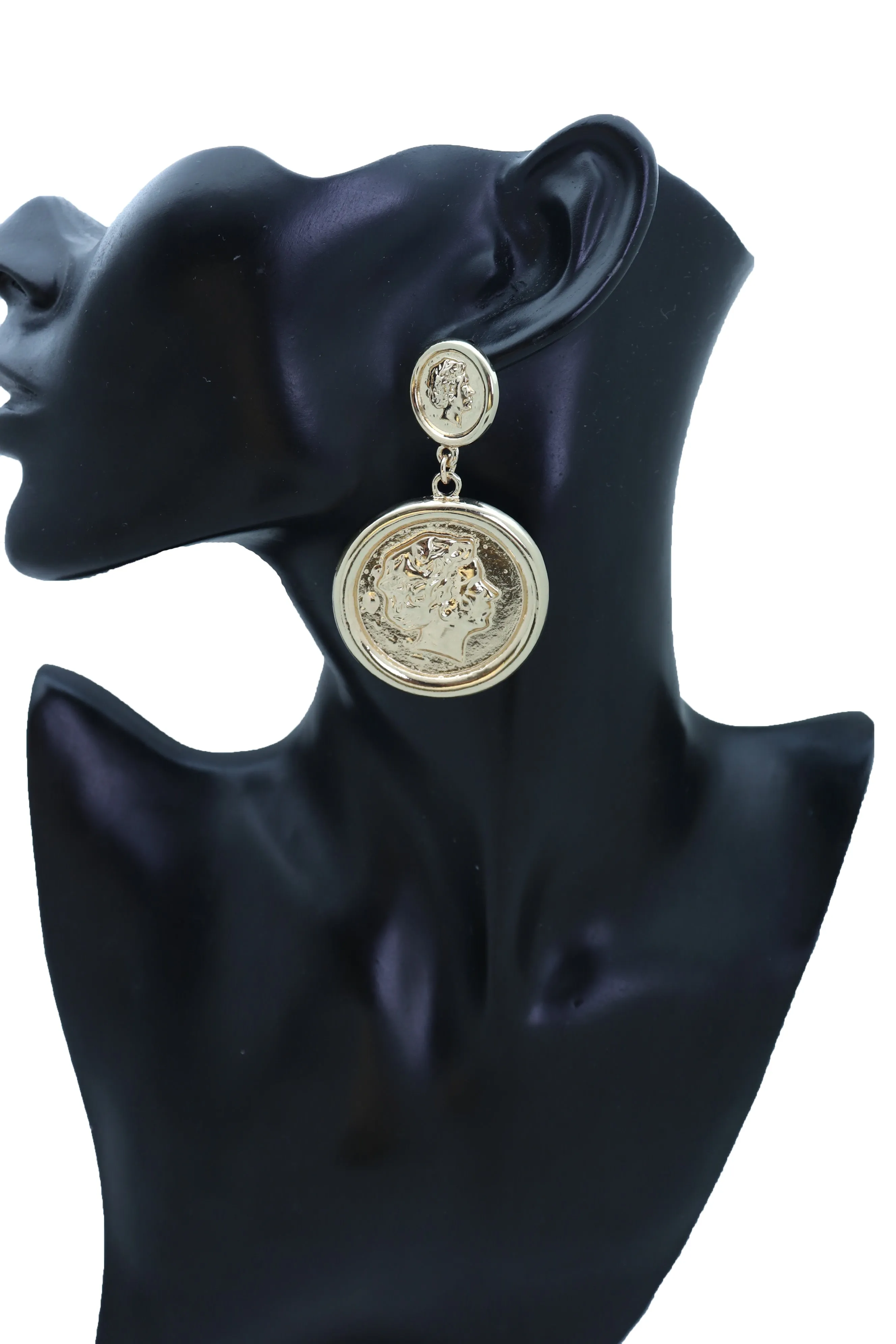 Women Earrings Set Trendy Gold Metal Big Coin Money Medallion Bling Style