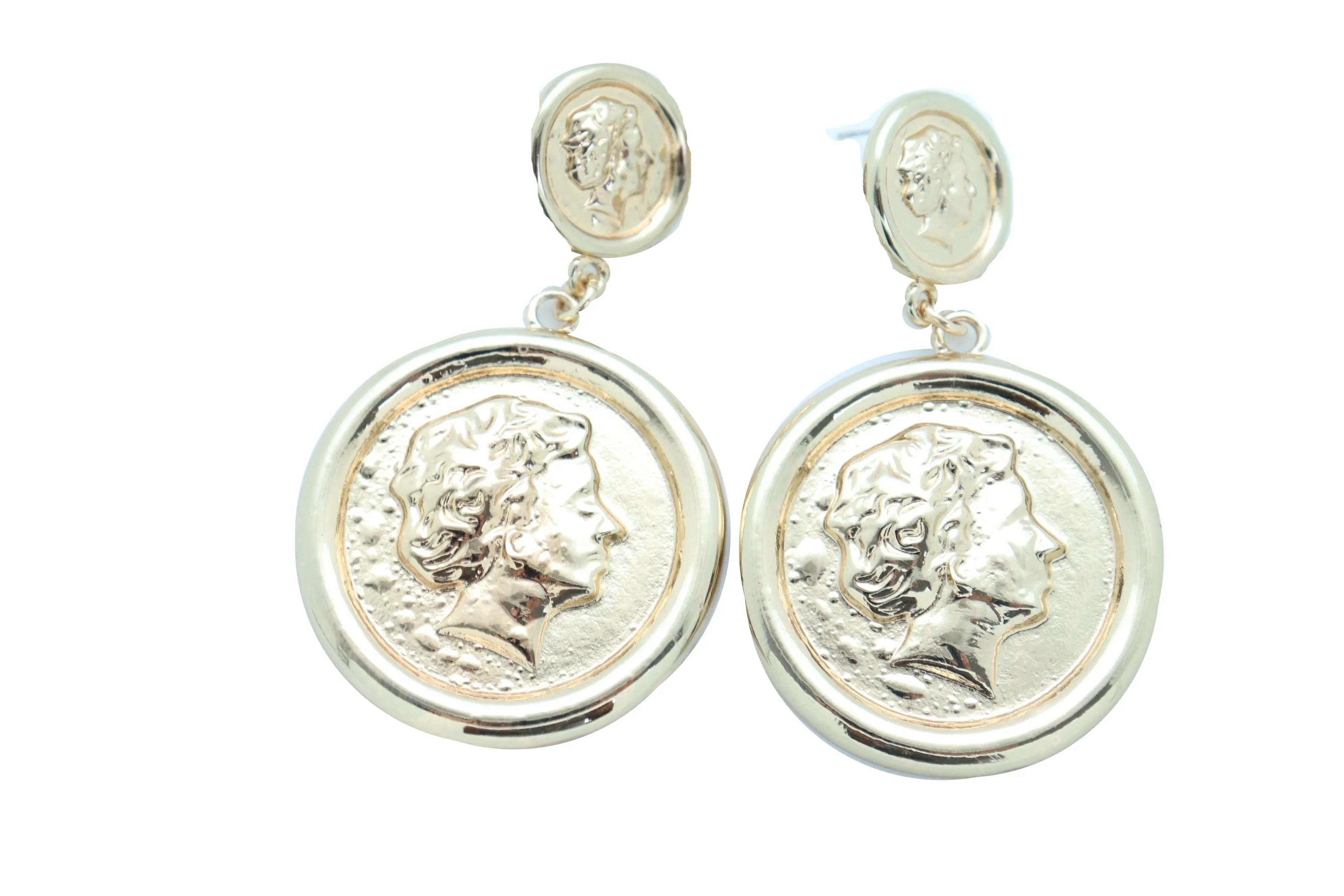 Women Earrings Set Trendy Gold Metal Big Coin Money Medallion Bling Style
