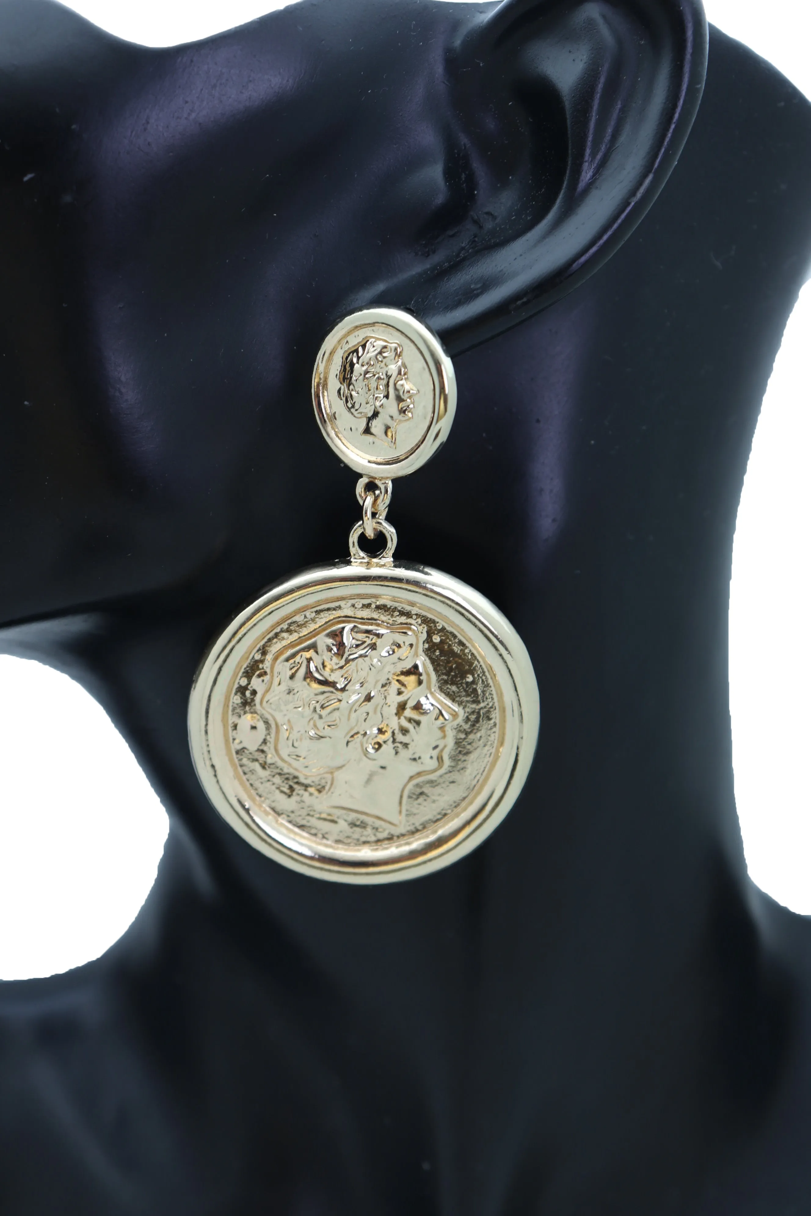 Women Earrings Set Trendy Gold Metal Big Coin Money Medallion Bling Style
