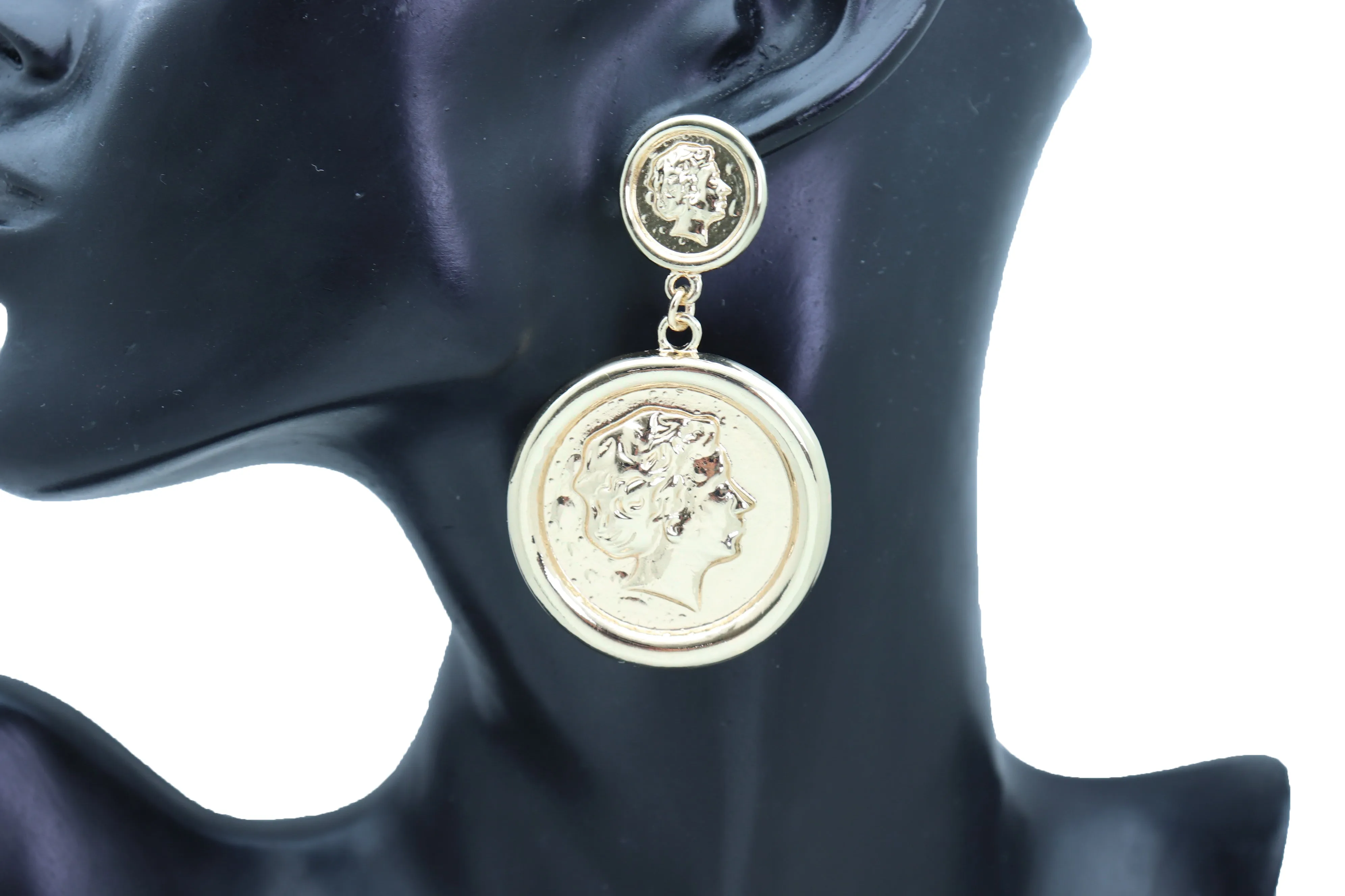 Women Earrings Set Trendy Gold Metal Big Coin Money Medallion Bling Style