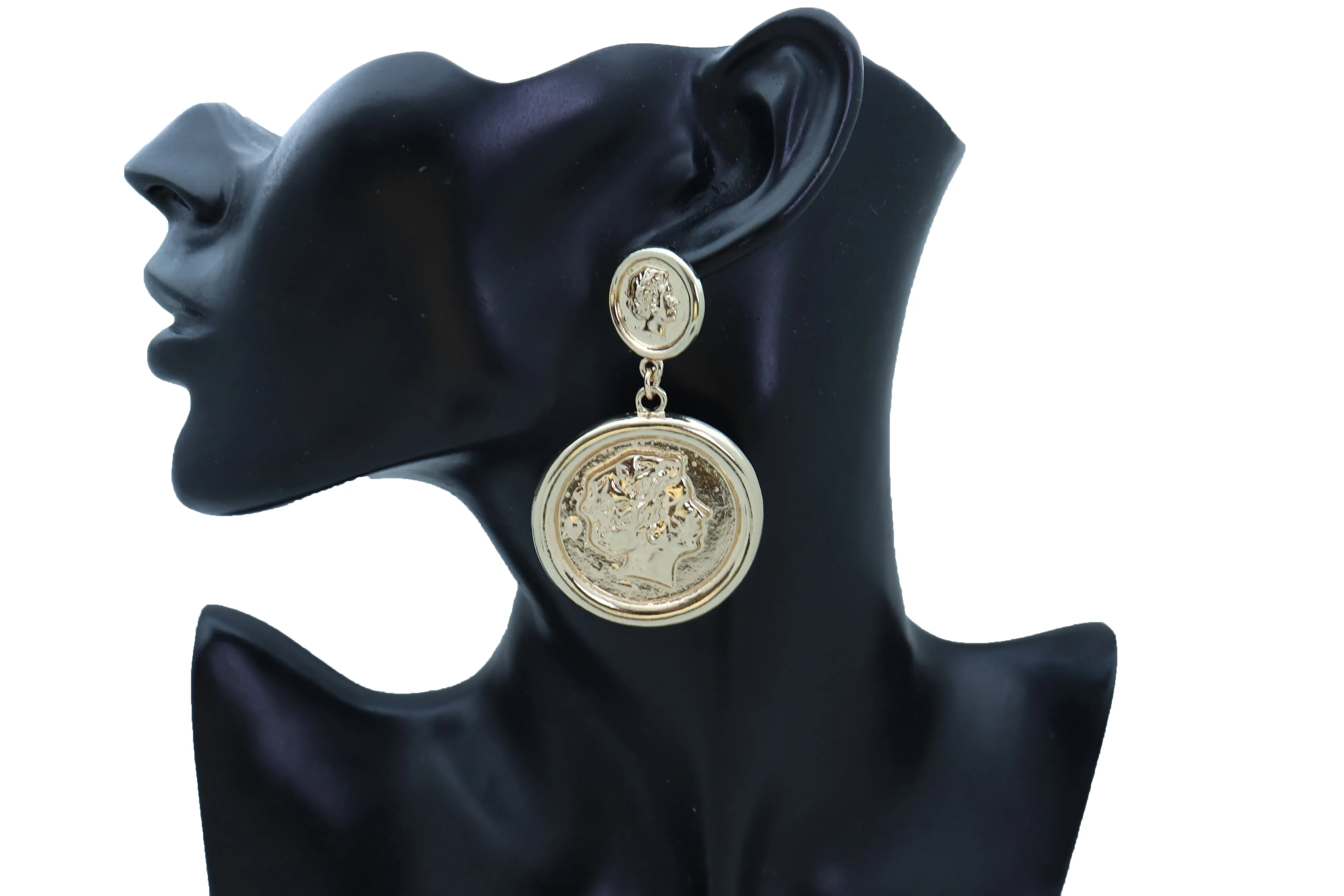 Women Earrings Set Trendy Gold Metal Big Coin Money Medallion Bling Style