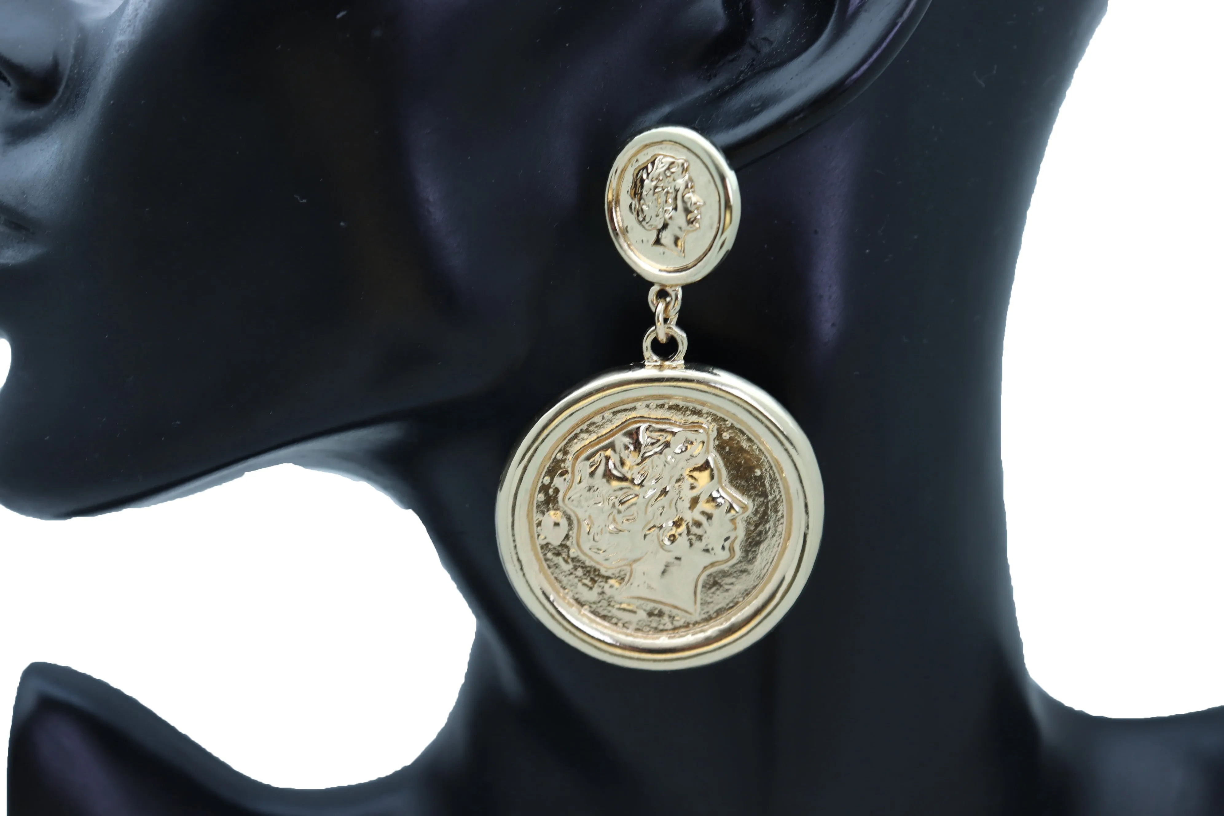 Women Earrings Set Trendy Gold Metal Big Coin Money Medallion Bling Style