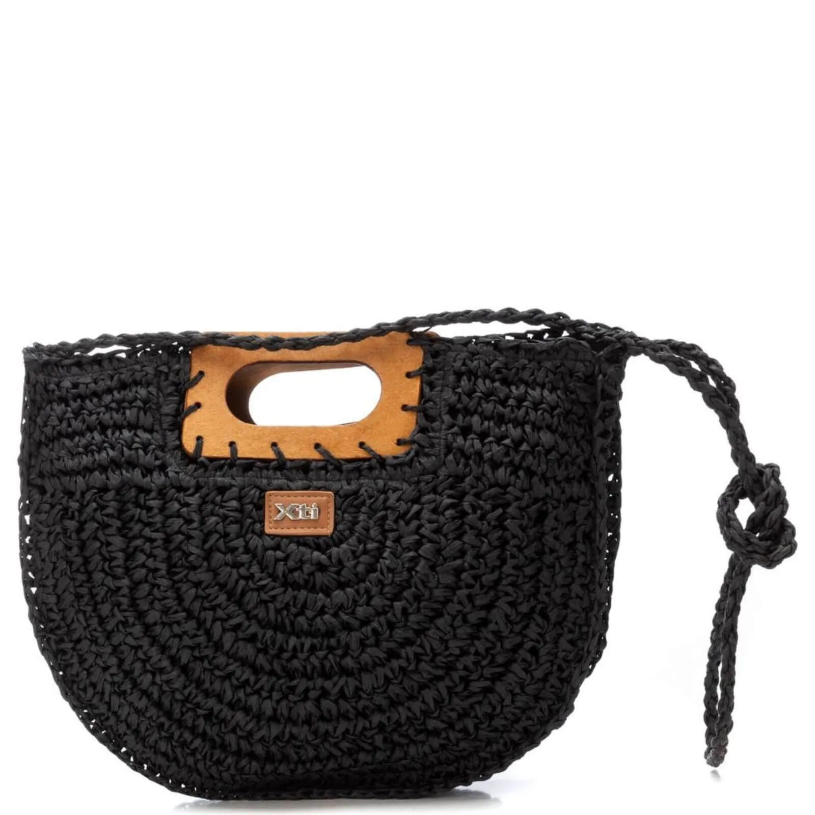 XTI Raffia Crossbody With Wooden Handle - Black