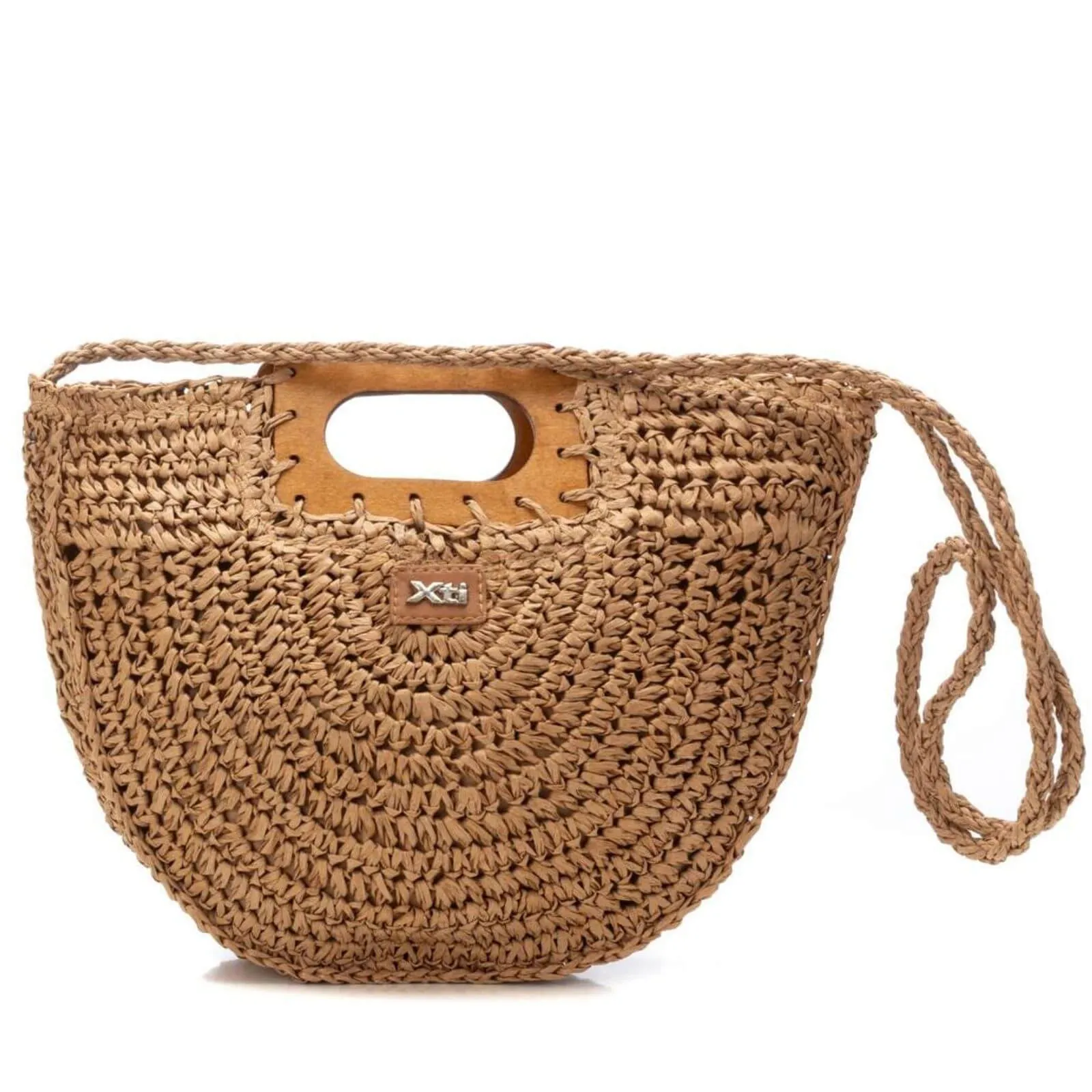 XTI Raffia Crossbody With Wooden Handle - Taupe