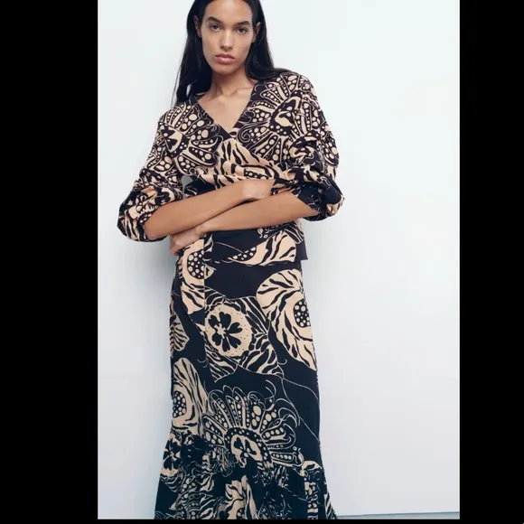 Zara linen Blend printed long skirt